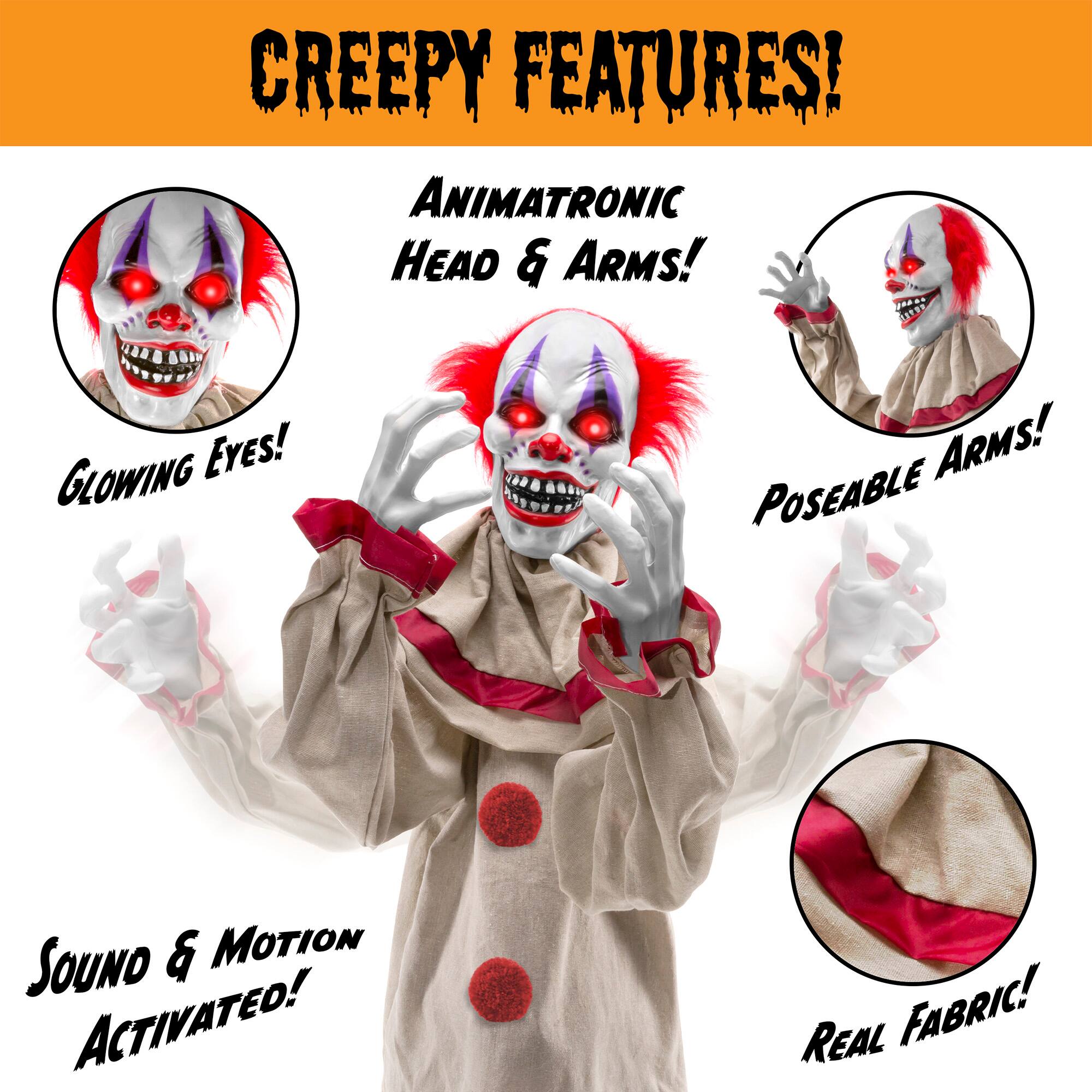 CREEPY FEATURES!
ANIMATRONIC HEAD & ARMS!  
GLOWING EYES!  
POSEABLE ARMS!  
SOUND & MOTION ACTIVATED!  
REAL FABRIC!