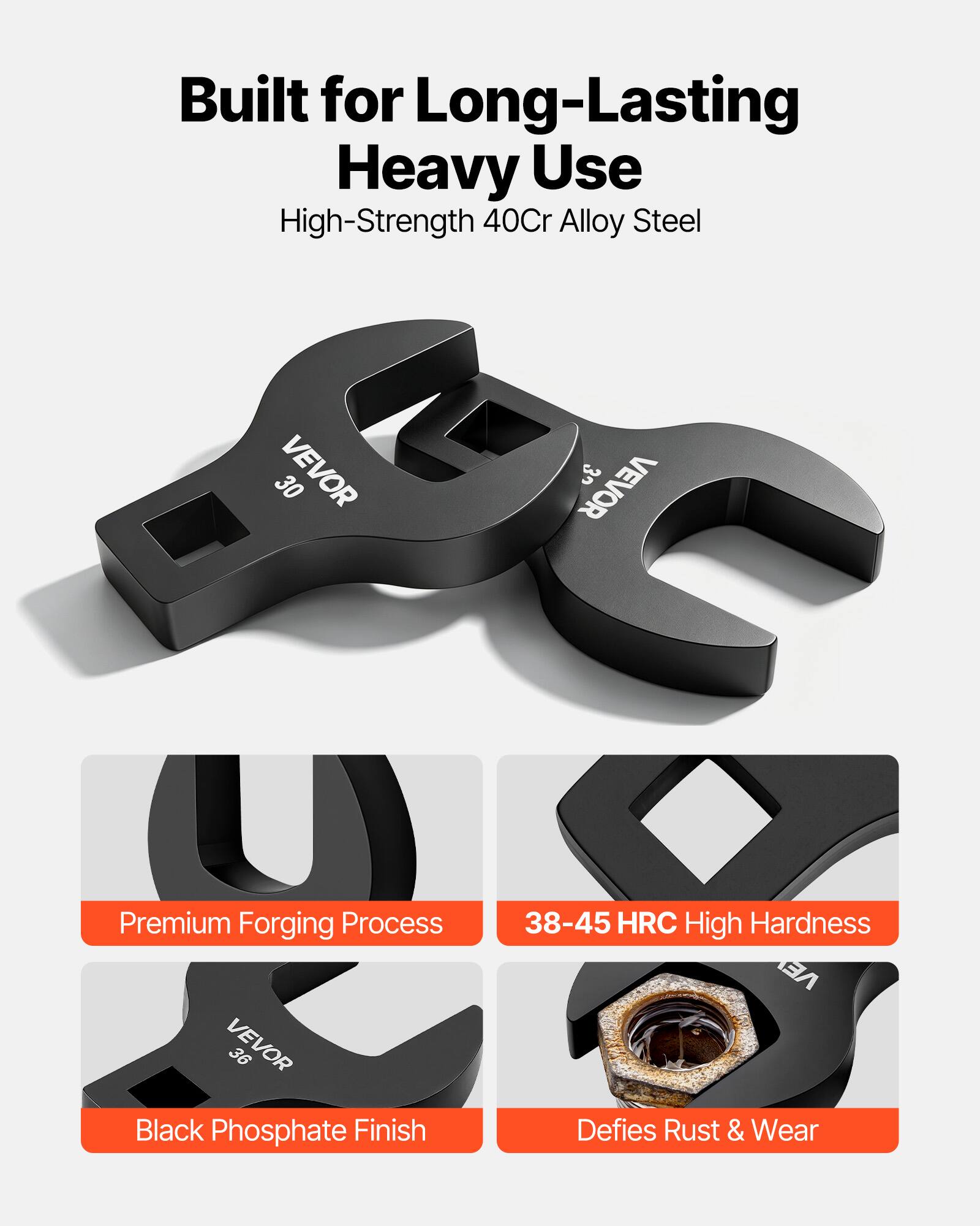 Built for Long-Lasting Heavy Use  
High-Strength 40Cr Alloy Steel  

VEVOR 30  
VEVOR 36  

Premium Forging Process  
Black Phosphate Finish  
38-45 HRC High Hardness  
Defies Rust & Wear