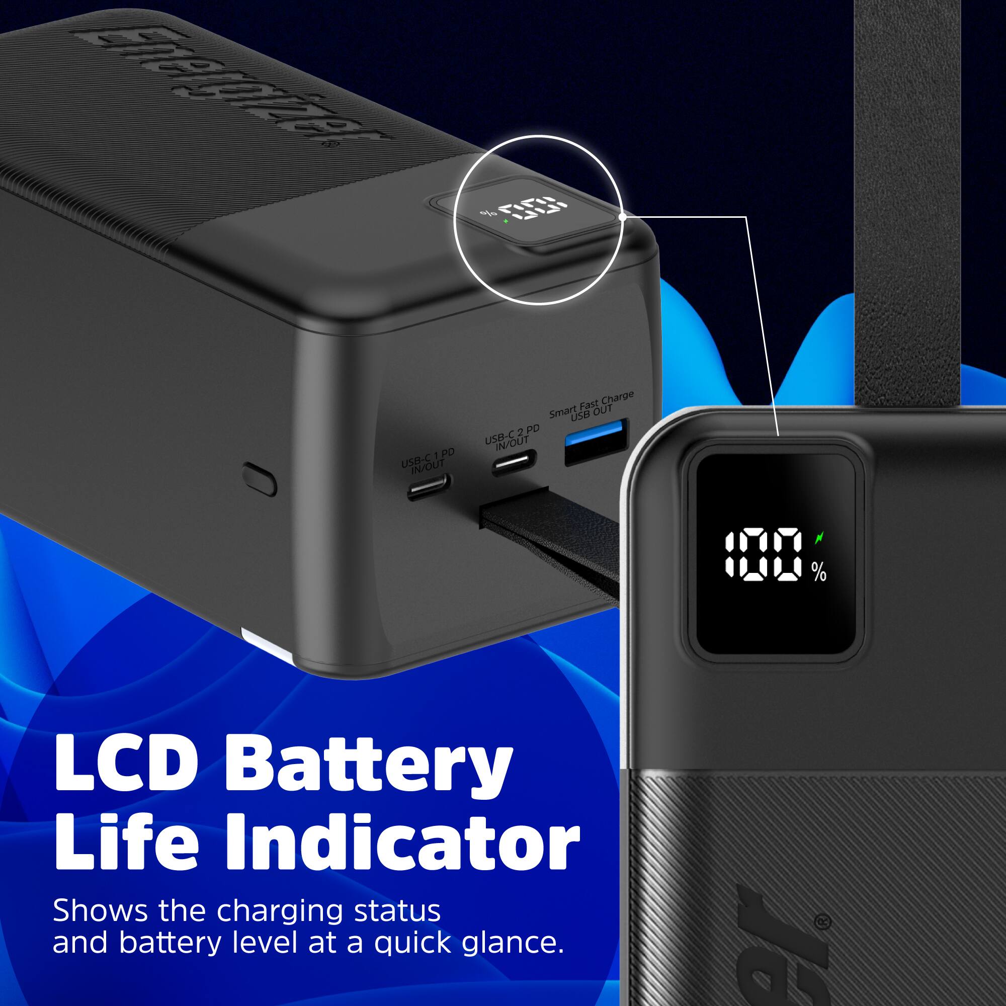 The text on the image reads: "ENERGIZER - PINT - PO USB-C IN/OUT Fast Charge Smart USB DUT PD USB-C IN/OUT 100% LCD Battery Life Indicator Shows the charging status and battery level at a quick glance."