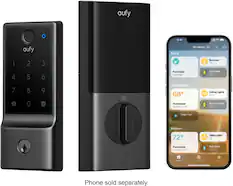 The image features a cufy device and a smartphone, both displaying the time of 9:41. The cufy device is designed to control various aspects of a home, such as the front door, living room, thermostat, and overhead lights. The smartphone, on the other hand, is used to manage the smart fan, table lights, and other aspects of the home. It is important to note that the phone is sold separately from the cufy device.