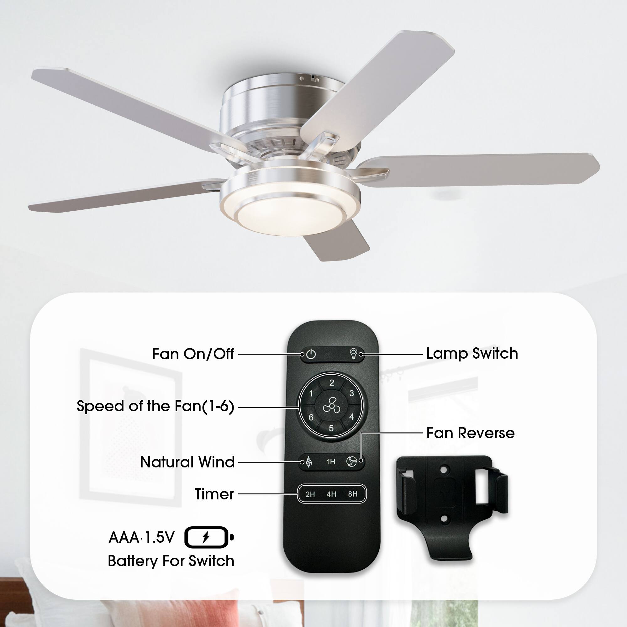 - Fan On/Off
- Speed of the Fan (1-6)
- Natural Wind
- Timer (1H, 2H, 4H, 8H)
- Lamp Switch
- Fan Reverse
- AAA 1.5V Battery For Switch
