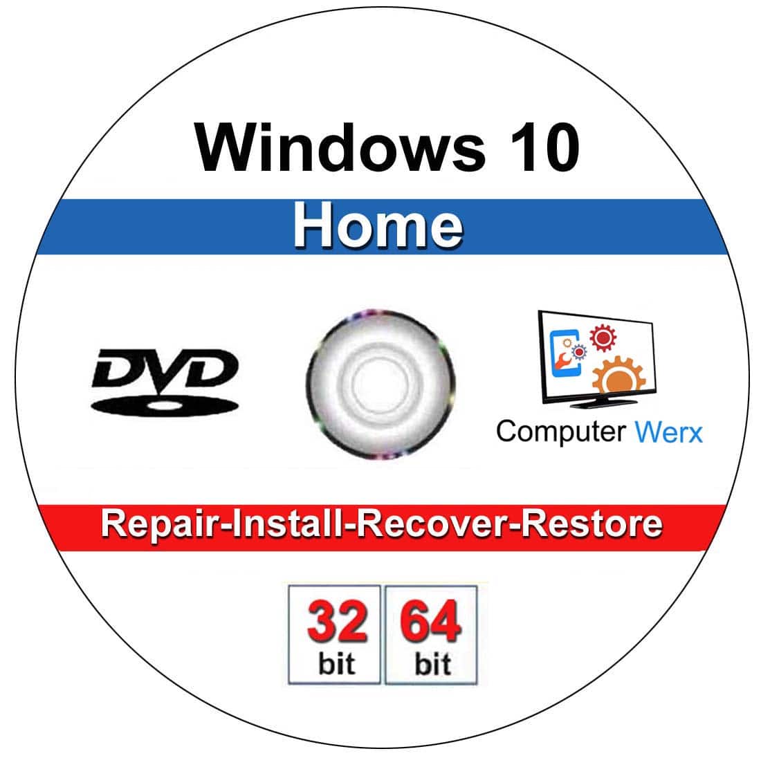 Computer Werx - Windows 10 Home 32/64 Bit Bootable Repair Recover Restore Reinstall DVD - Windows