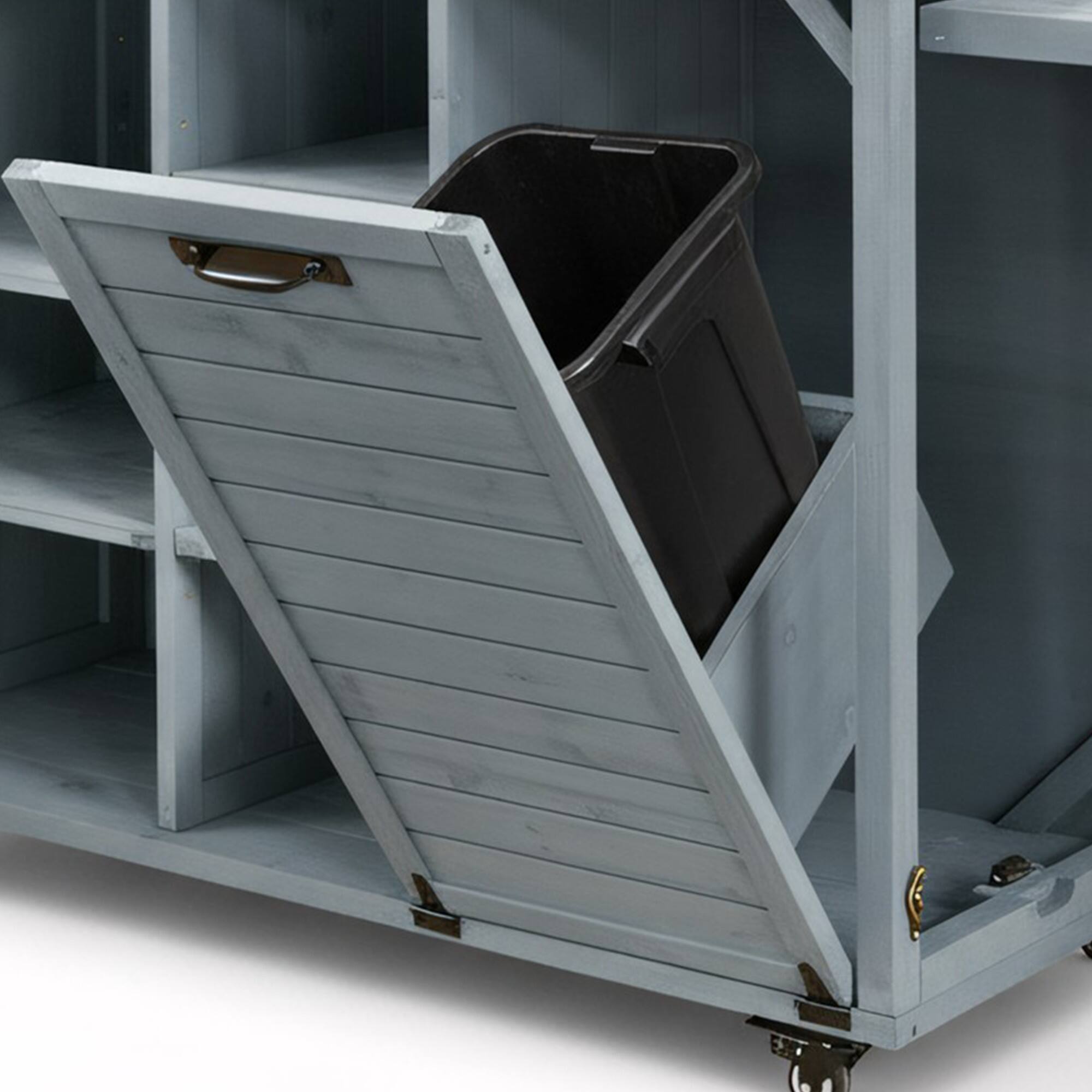 Alt View 9. PexFix - 78.3" Outdoor Kitchen Island with Foldable Table, Trash Storage & Stainless Top, Wood Pizza Oven Cart for Lawn & Garden - Gray Blue.