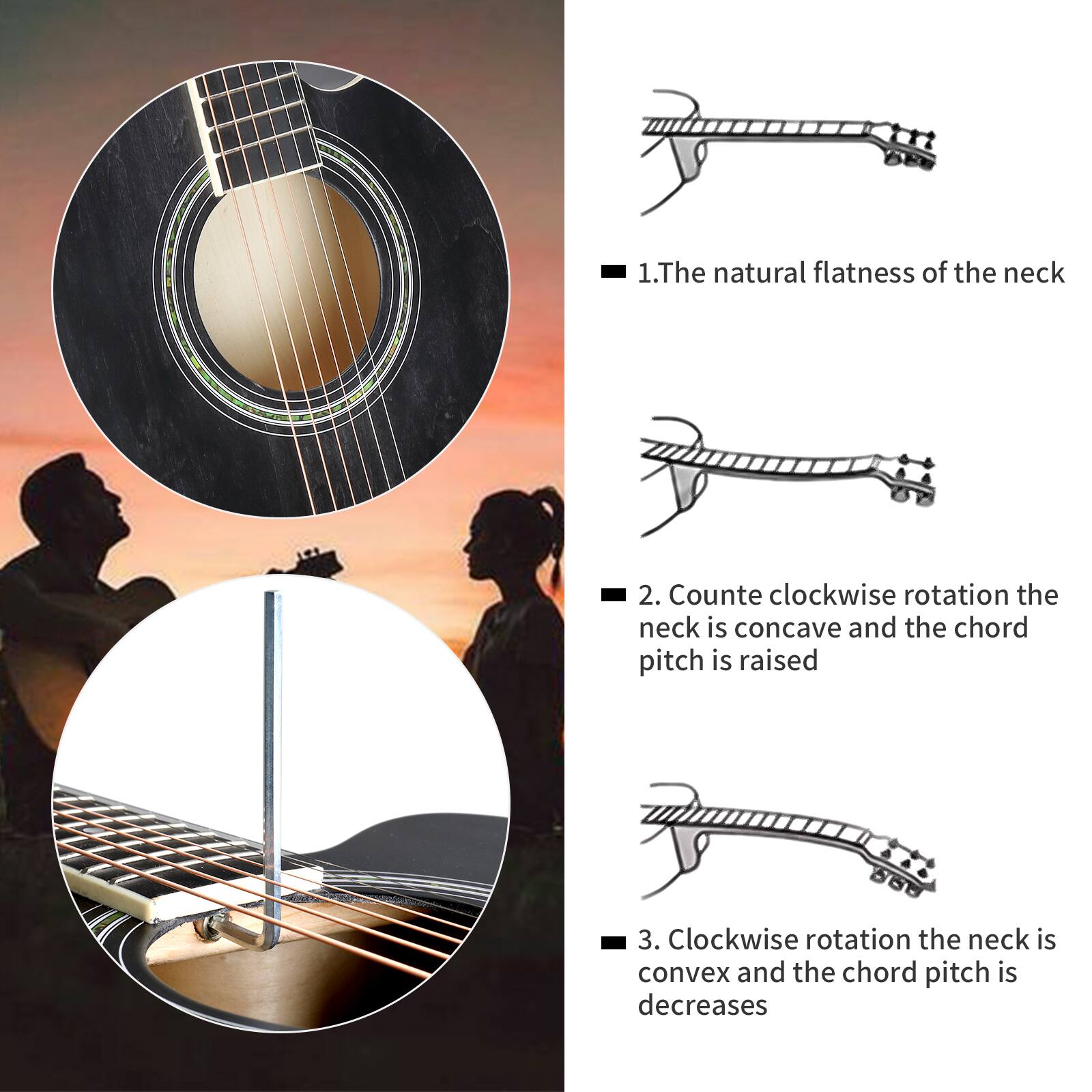1. The natural flatness of the neck

2. Counterclockwise rotation the neck is concave and the chord pitch is raised

3. Clockwise rotation the neck is convex and the chord pitch is decreases