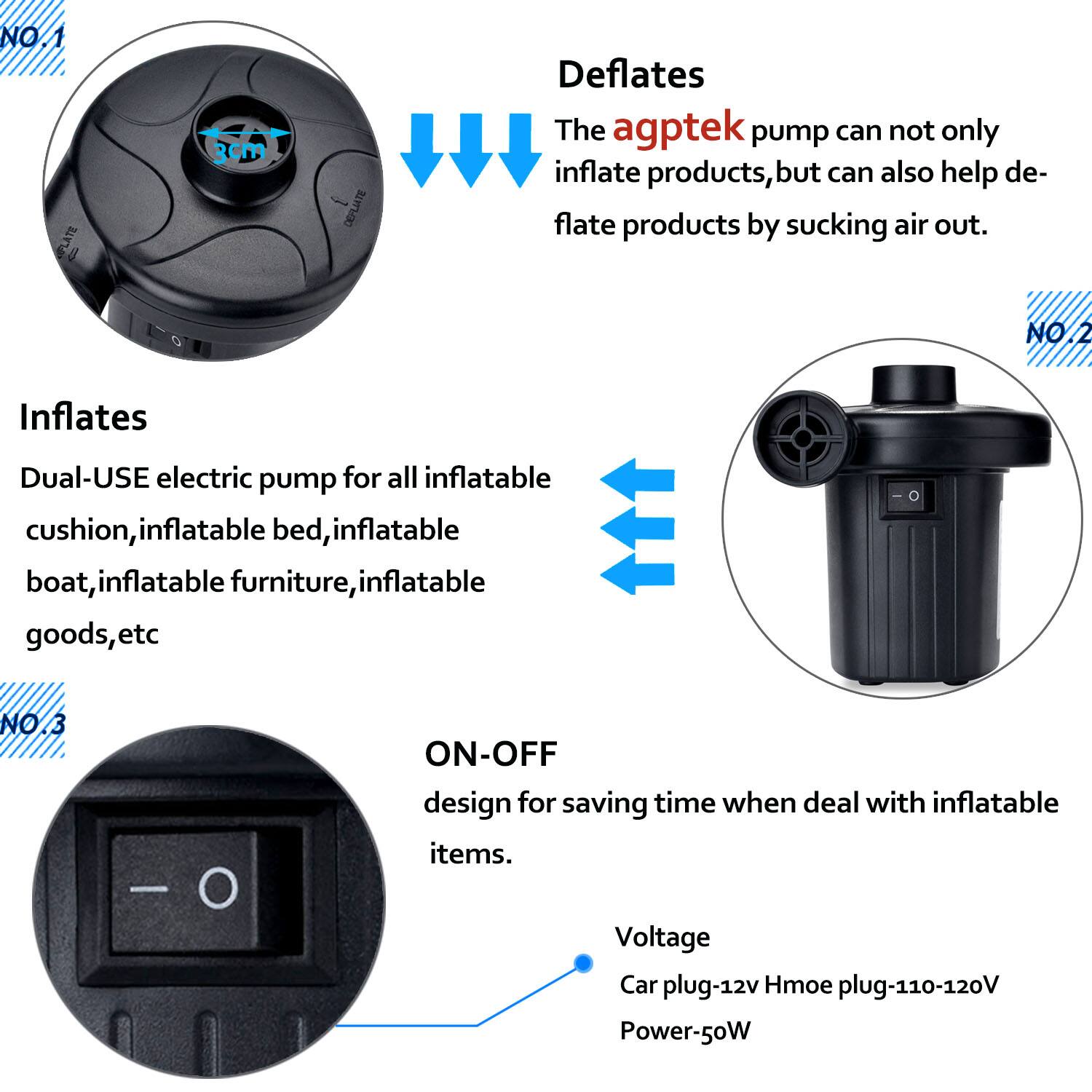**NO.1**

- **Deflates**
  - The agptek pump can not only inflate products, but can also help deflate products by sucking air out.

**NO.2**

- **Inflates**
  - Dual-USE electric pump for all inflatable cushion, inflatable bed, inflatable boat, inflatable furniture, inflatable goods, etc

**NO.3**

- **ON-OFF**
  - design for saving time when deal with inflatable items.

**Voltage**
- Car plug-12v
- Home plug-110-120V
- Power-50W