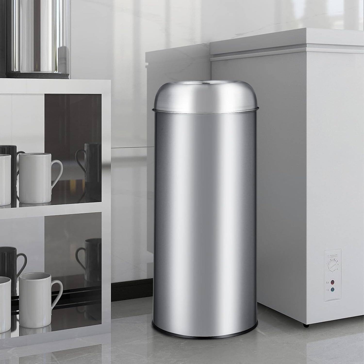 Alt View 4. Acekool - 17 Gallon Round Big Top Commercial Trash Can, Brushed Stainless Steel with Dual Handles & Non-Slip Base - Silver.