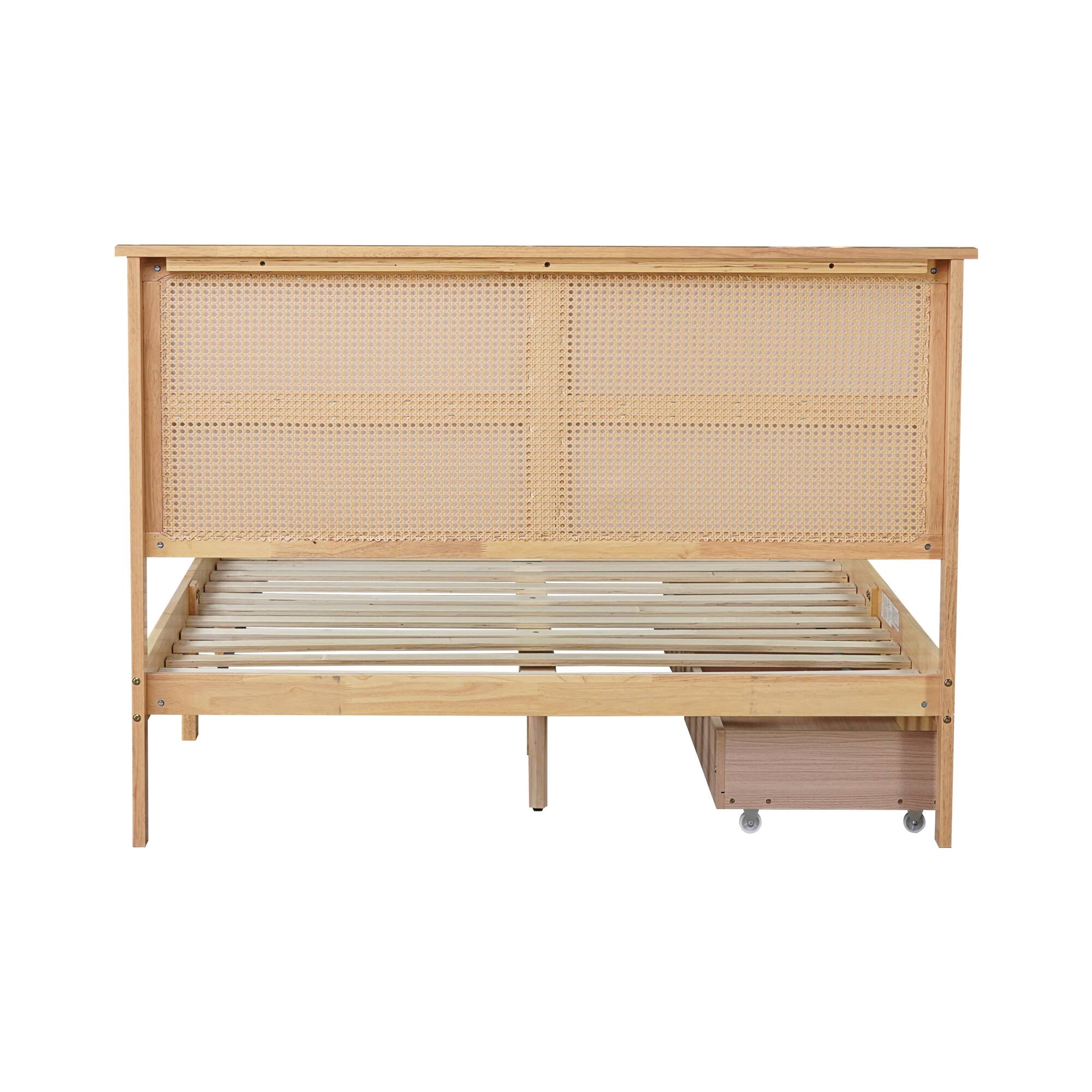Alt View 2. GOODSILO - Full Size Bed with Rattan Headboard and Two Storage Drawers, Solid Wood Frame with Enhanced Support Slats - White Oak.