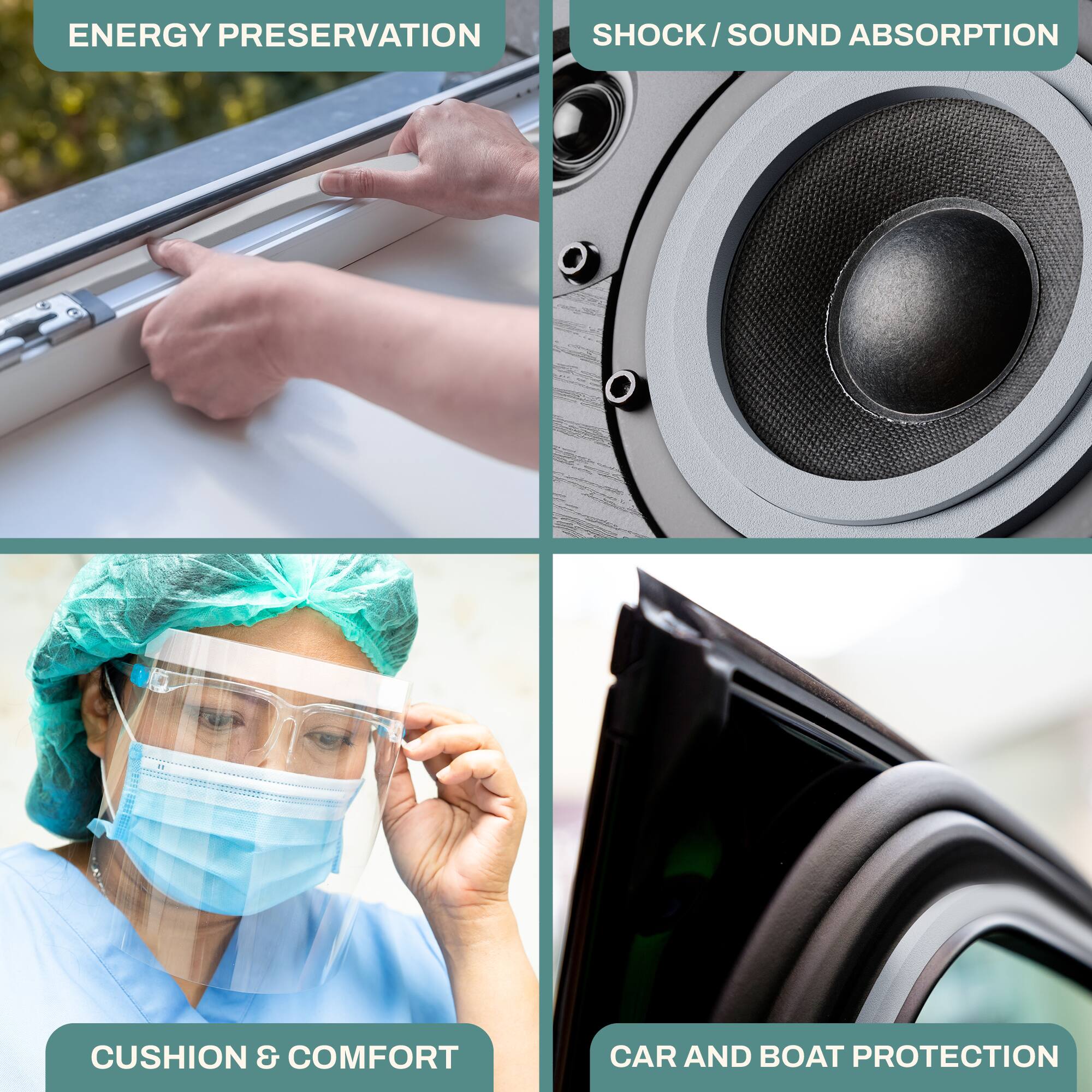 - ENERGY PRESERVATION
- SHOCK / SOUND ABSORPTION
- CUSHION & COMFORT
- CAR AND BOAT PROTECTION