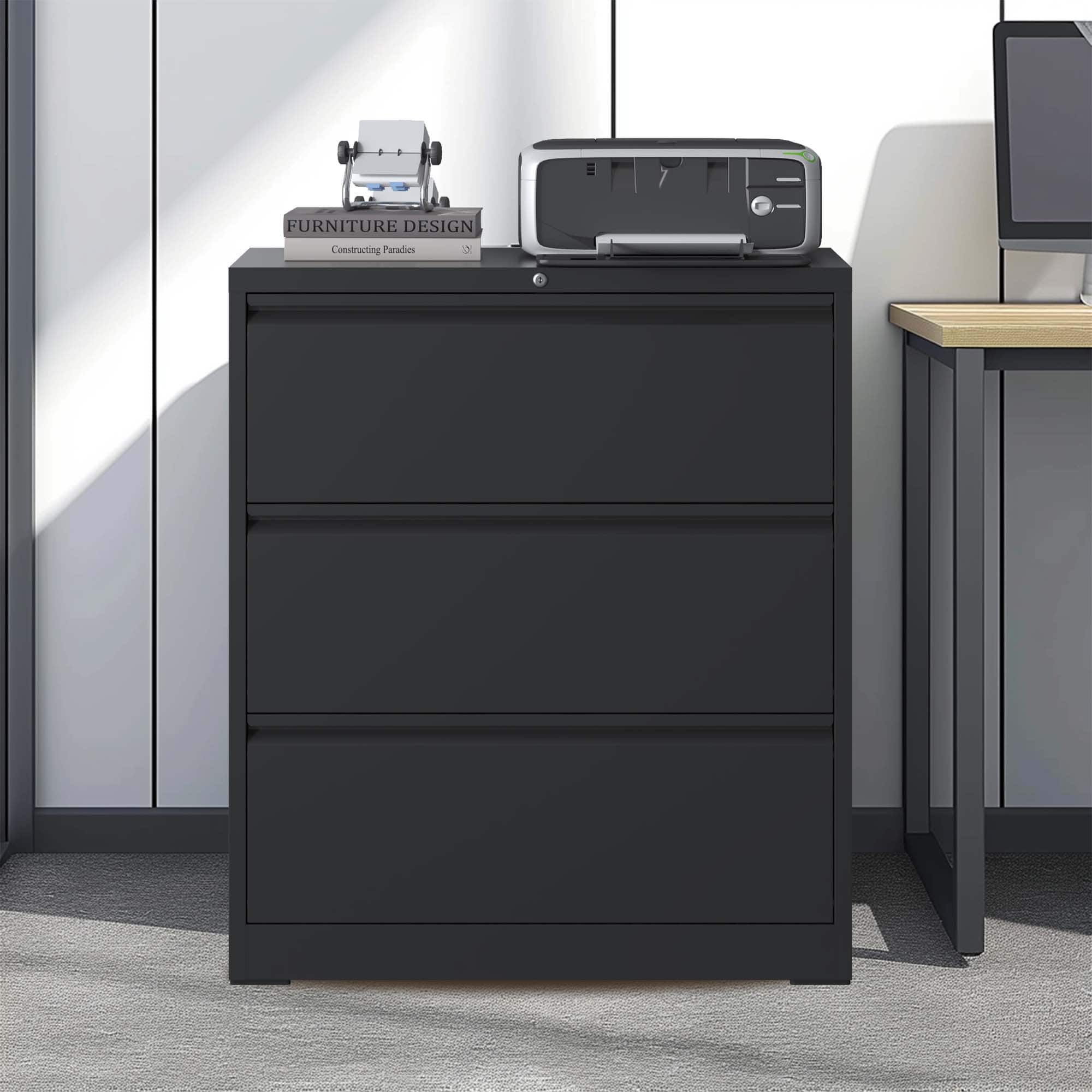 Anysun - Wide 3-Drawer Design Locking Lateral File Cabinet - Black