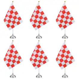 Unique Bargains - 6pcs 12" R/W Checkered Table Flag for Racing/Sport Party, White Plastic Stick & Silver Round Base - Red and White Flag, Silver Base