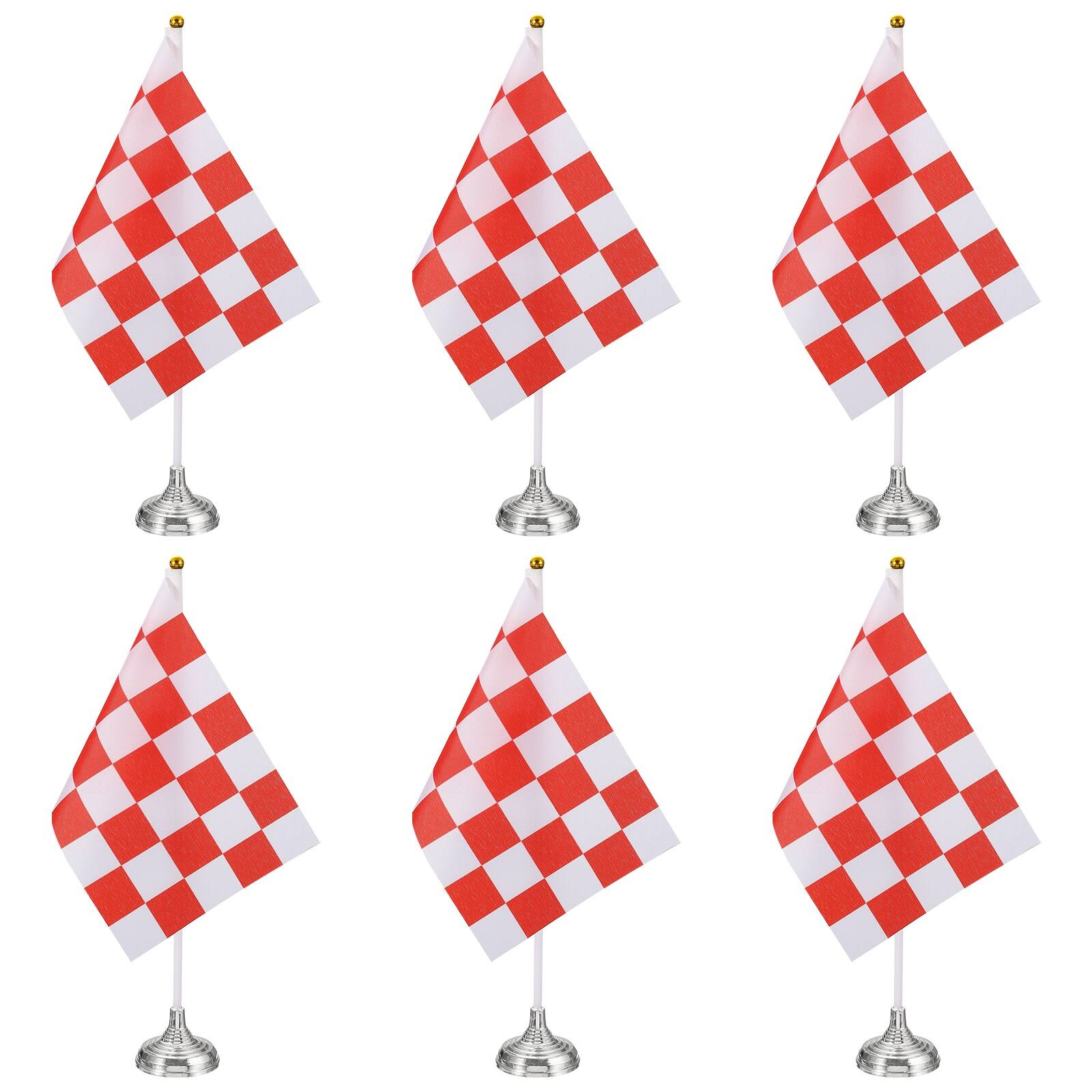 Front. Unique Bargains - 6pcs 12" R/W Checkered Table Flag for Racing/Sport Party, White Plastic Stick & Silver Round Base - Red and White Flag, Silver Base.