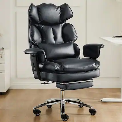 Front. Kadyn - 48.23" Executive Office Chair, High Back PU Leather Recliner with Footrest, Lumbar Support & Wheels, Black - Black.