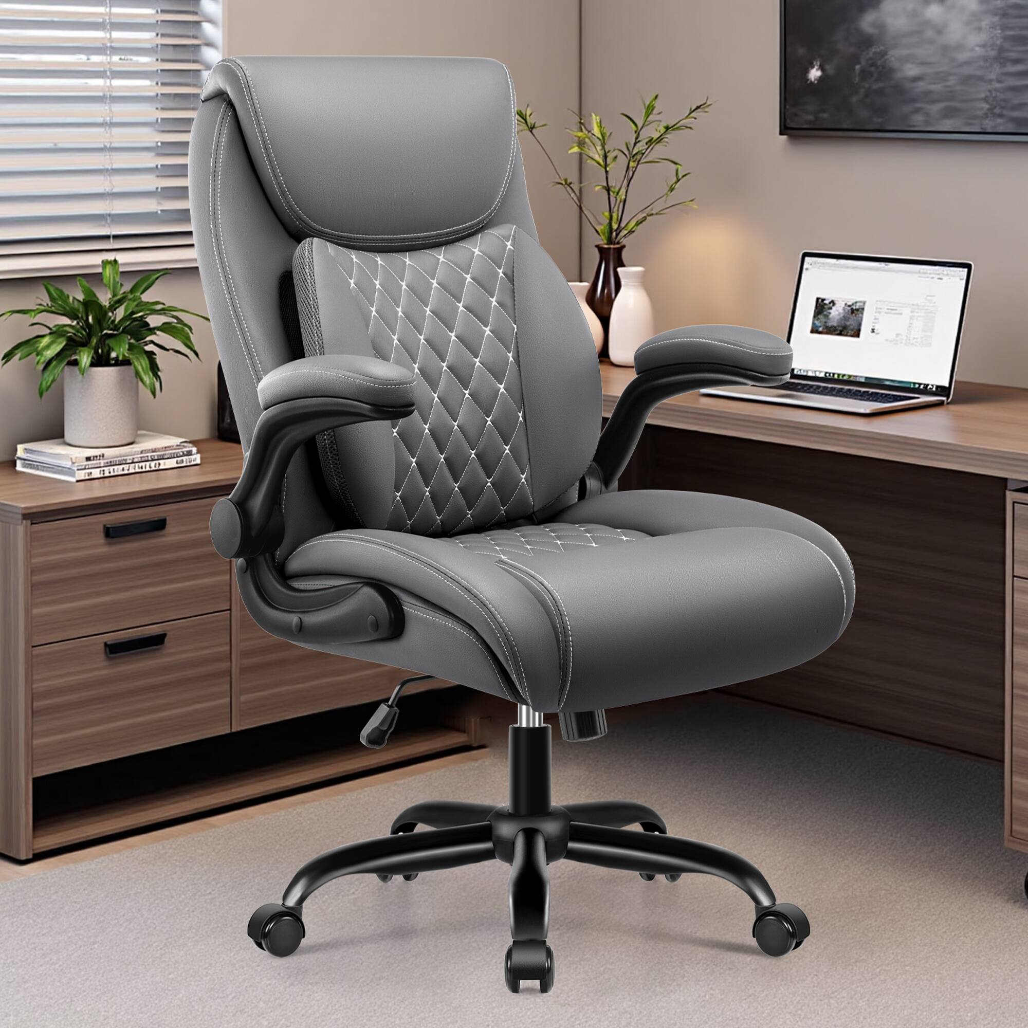 Alt View 6. KERDOM - Ergonomic PU Leather Office Chair, Executive Chair with Lumbar Support for Lower Back Pain Relief, Padded Flip-up Arms - Grey.