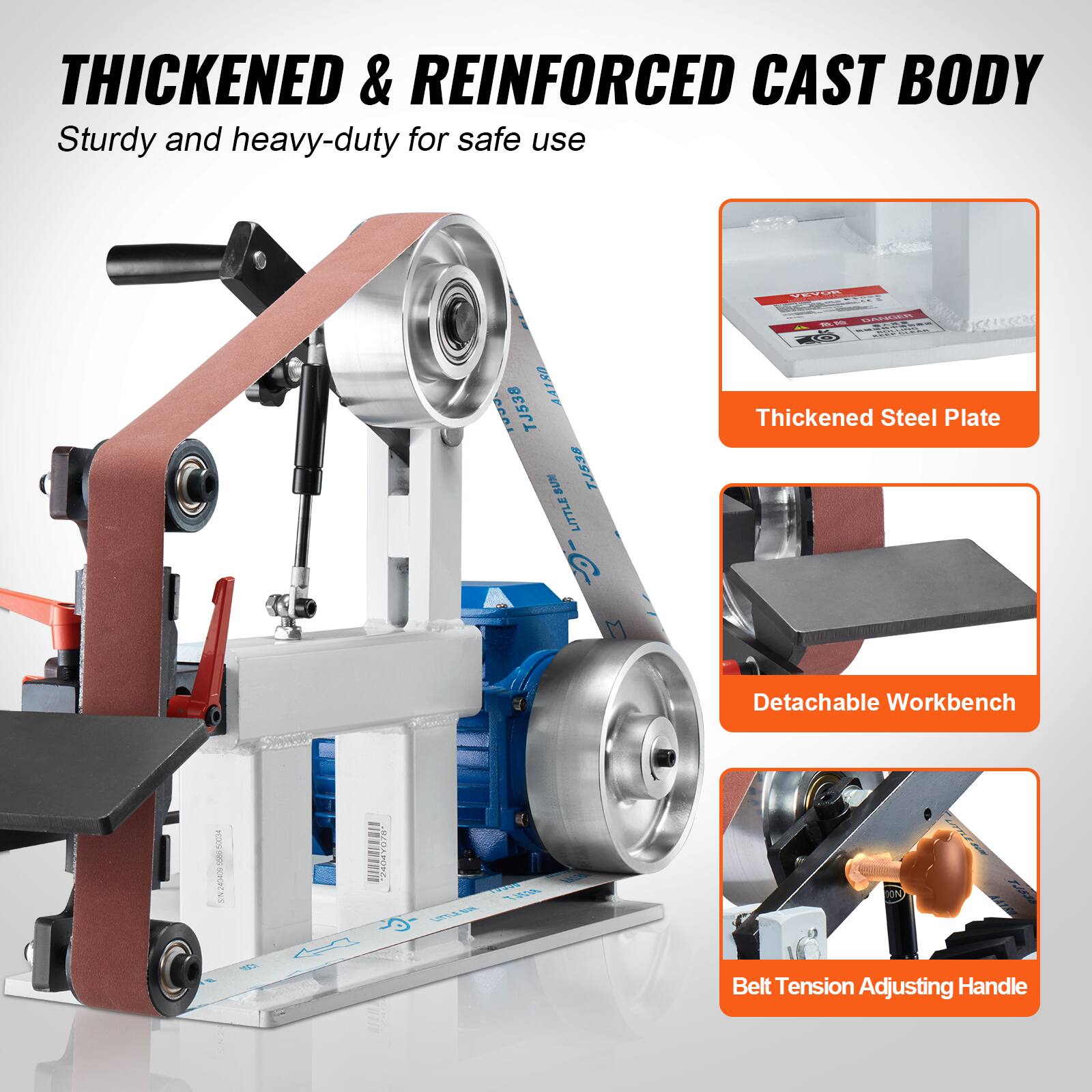 THICKENED & REINFORCED CAST BODY  
Sturdy and heavy-duty for safe use

TJ538 AA180 SUN TJ538 LITTLE  
EVOR WARKER WEEK - Thickened Steel Plate  
Detachable Workbench  
60034 5500 240800 SN  
PARA  
DEGAL TJ838 LITTLE BUN  
ON  
COL  
Belt Tension Adjusting Handle
