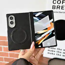 Dteck - Magnetic Leather Texture Phone Case for Samsung Galaxy Z Fold8 with Glass Screen Protector, Hard PC Protective Cover - Black