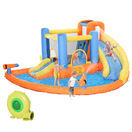 Front. Outsunny - Inflatable Water Slide, Splash Pool, Climbing Wall, Air Pump, Water Cannon, Trampoline, Outdoor.