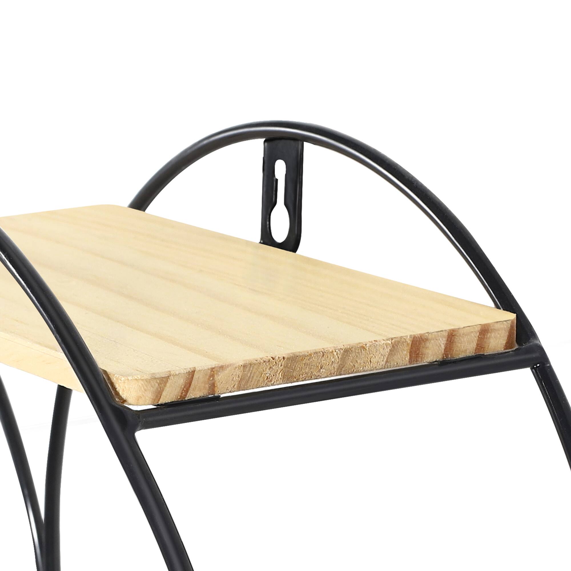Left. Oumilen - Black Metal Circular Floating Wall Shelf with Natural Wood Boards - Black.