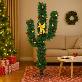 BreeBe - Pre-Lit Cactus Style Tree with Ornaments – 5ft 6ft 7ft Holiday Decor - Green