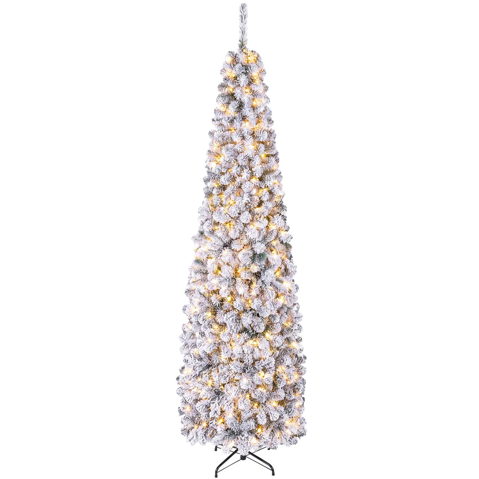 Costway - 7.5 FT Pre-Lit Flocked Pencil Christmas Tree Hinged - Green/White
