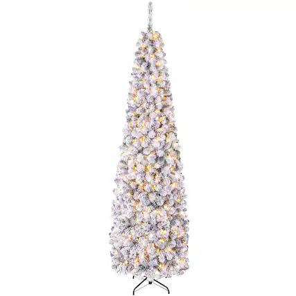 Front. Costway - 7.5 FT Pre-Lit Flocked Pencil Christmas Tree Hinged - Green/White.