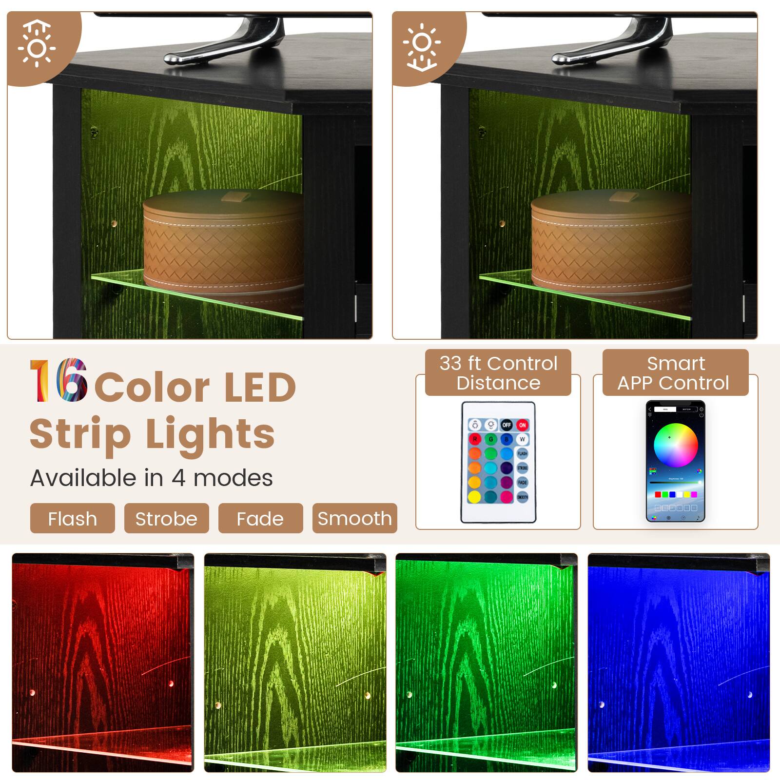 16 Color LED Strip Lights are available in 4 modes, with a 33 ft control distance. The package includes a smart APP control, and there are 4 modes to choose from: Flash, Strobe, Fade, and Smooth.