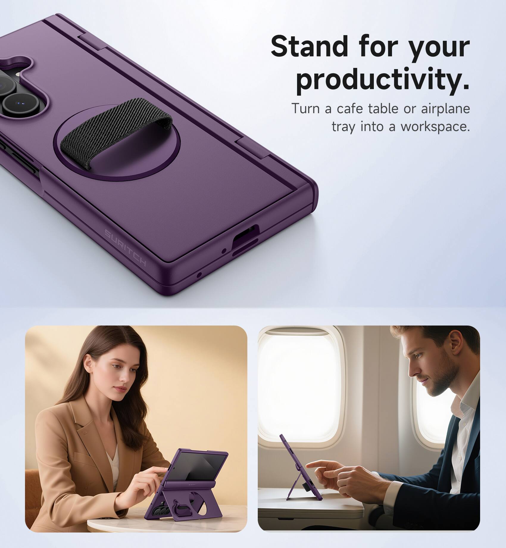 Stand for your productivity.  
Turn a cafe table or airplane tray into a workspace.  
SURITCH