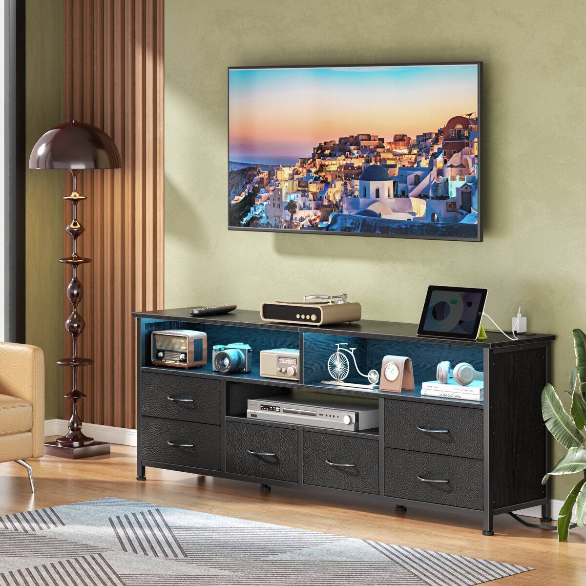 Angle. Furnulem - 55 In Modern TV Stand with LED Lights Charging Station  6 Drawers Versatile Media Console for Living Room  Bedroom - Black.