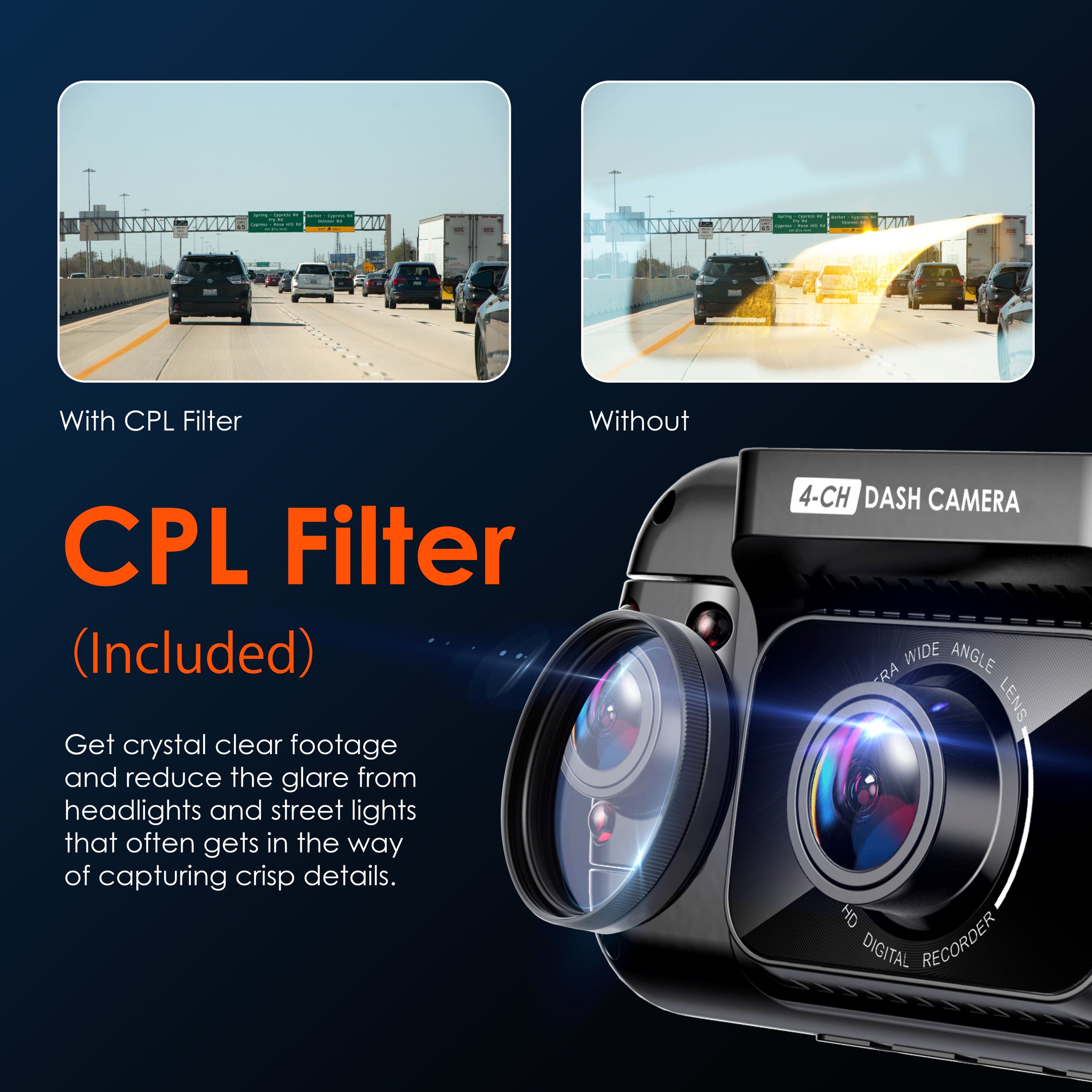 "With CPL Filter (Included): Get crystal clear footage and reduce the glare from headlights and street lights that often gets in the way of capturing crisp details. 4-CH DASH CAMERA WIDE ANGLE RA LENS HD DIGITAL RECORDER."