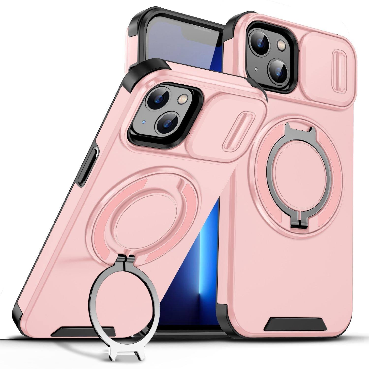 Front. UUCOVER - For Apple iPhone 14 Magnetic Kickstand Case with Slide Camera Lens Cover & 360° Ring Holder, Drop Protection Phone Shell - Pink.