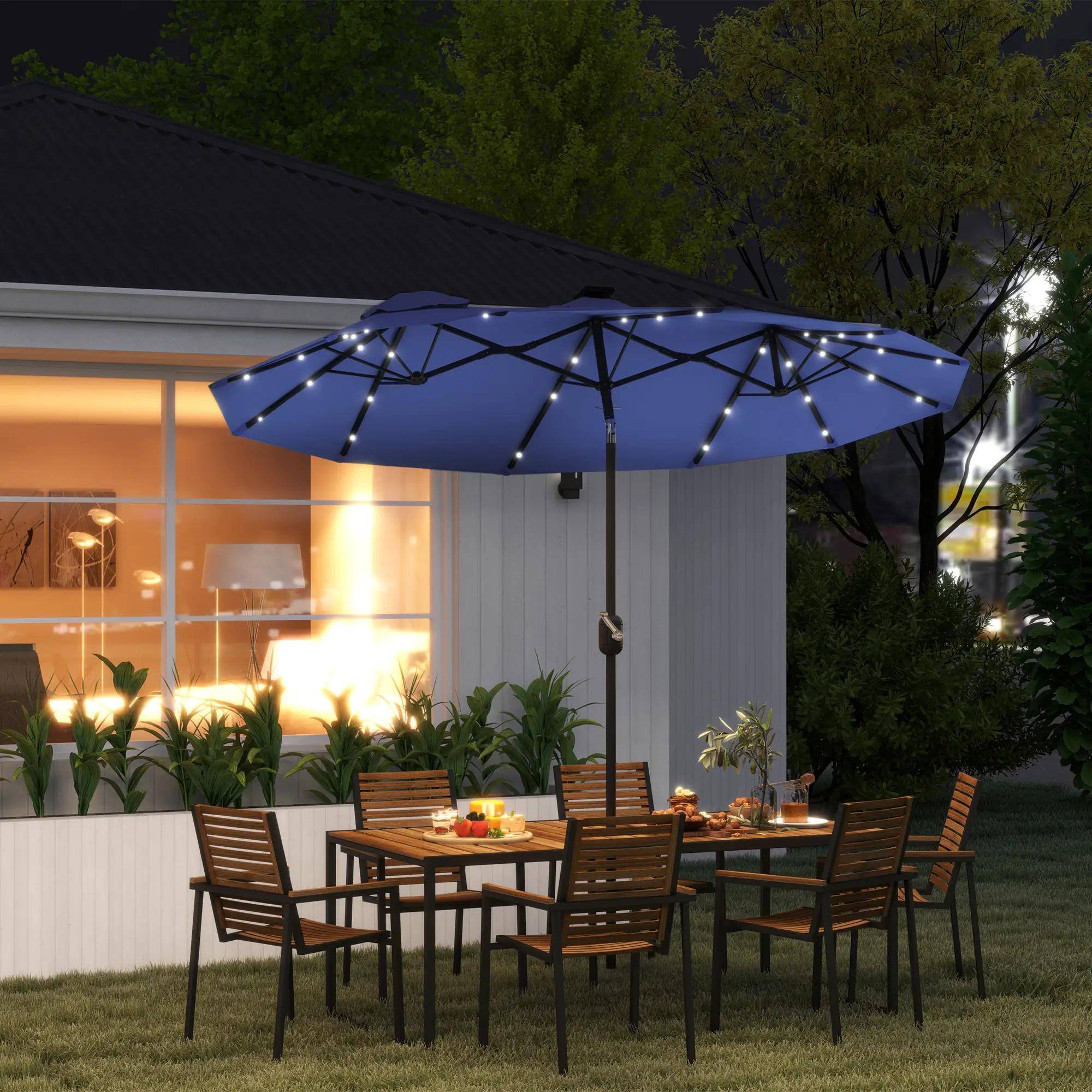 Angle. Spaco - Spaco 9.7ft Double-Sided Patio Umbrella,LED Solar Light,Tilt,Crank,12 Ribs - Navy Blue.