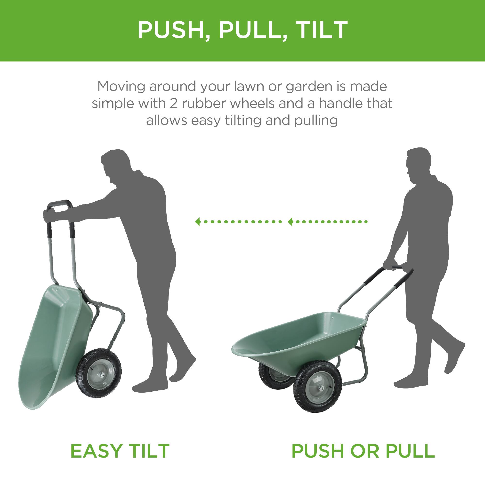 PUSH, PULL, TILT

Moving around your lawn or garden is made simple with 2 rubber wheels and a handle that allows easy tilting and pulling

EASY TILT

PUSH OR PULL