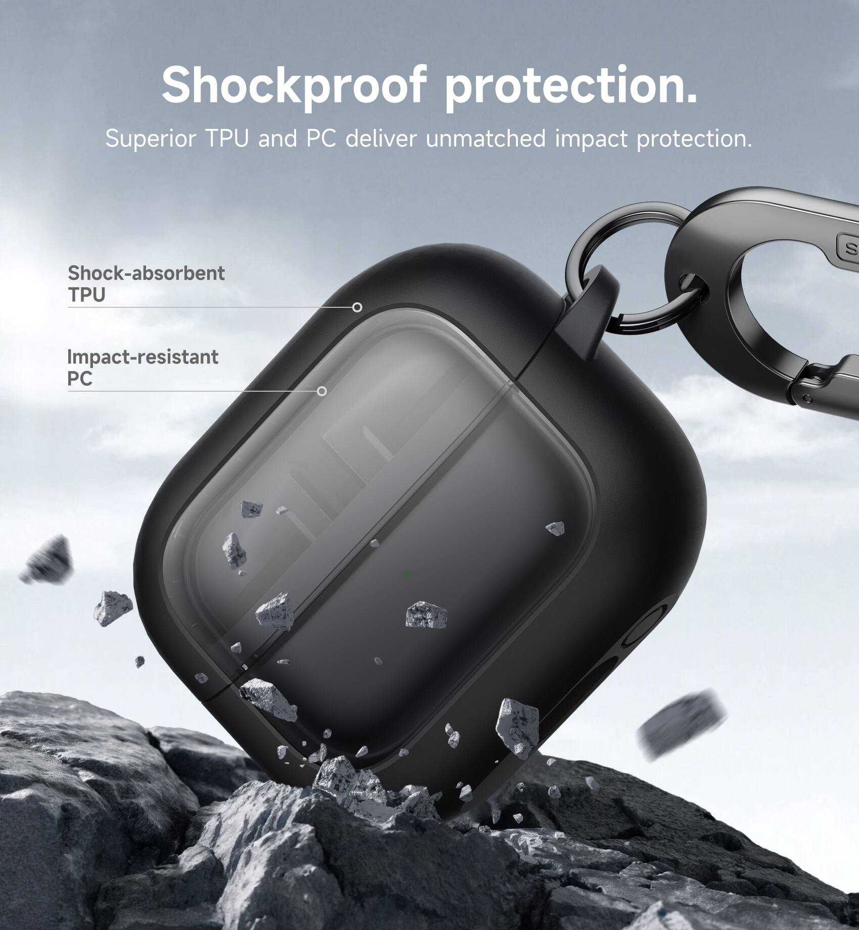 Shockproof protection. Superior TPU and PC deliver unmatched impact protection. Shock-absorbent TPU. Impact-resistant PC.