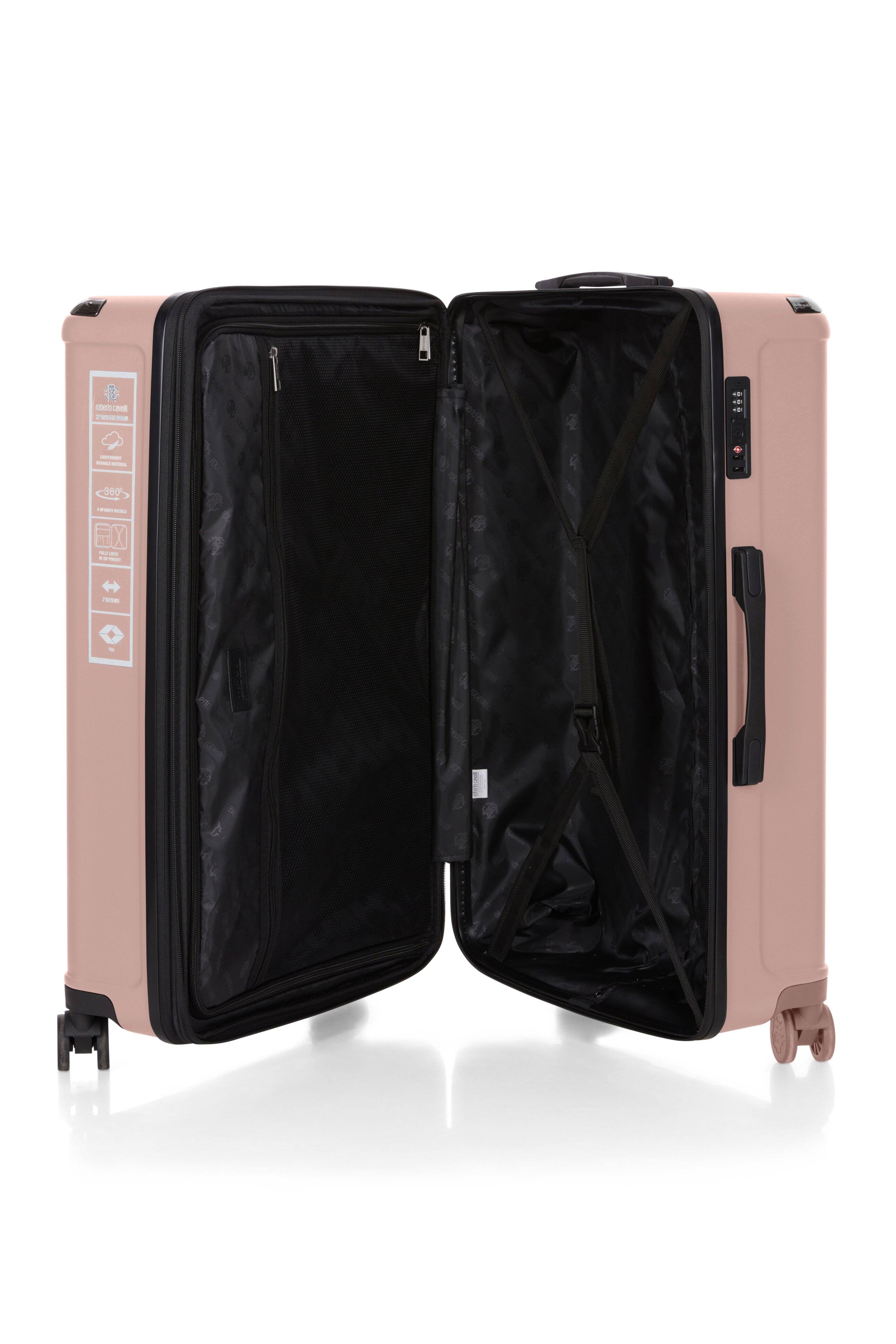 Left. Roberto Cavalli - 3 Piece Luggage Set with Expandable Hard Shell & 8 Spinner Wheels - PINK.