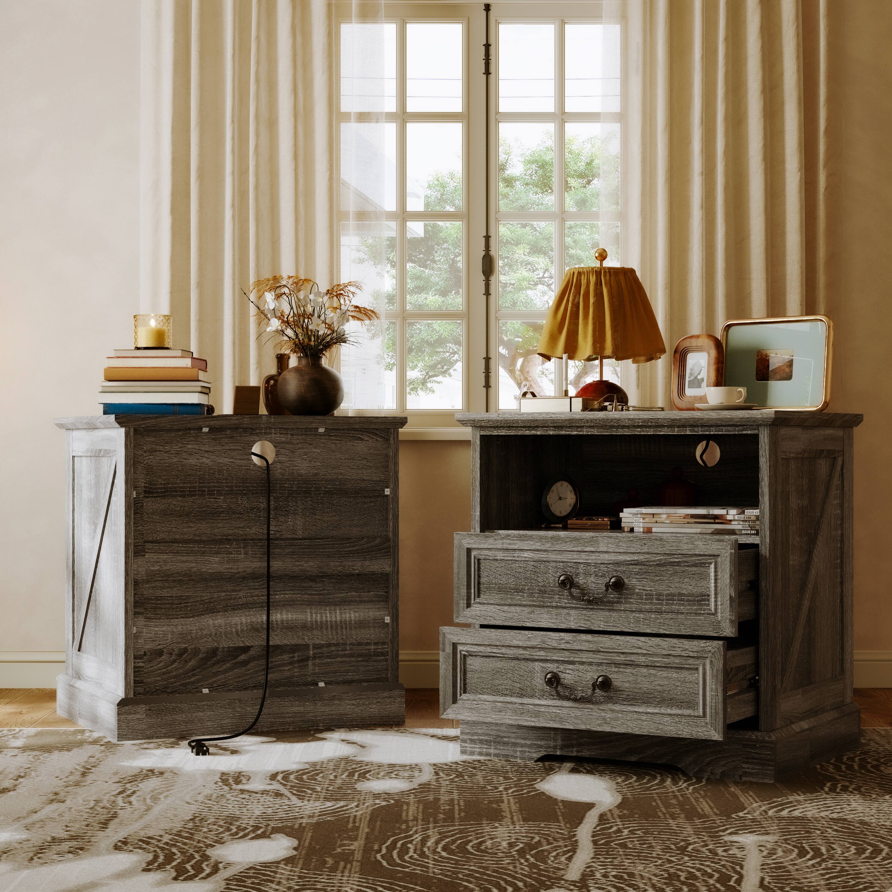 Left. Famapy - Farmhouse 2-Drawer Nightstand with Charging Station & Open Shelf, Rustic Bedside Table for Bedroom Furniture - Gray.