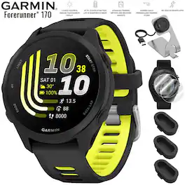 Garmin - Forerunner 170 GPS Smartwatch 43 mm Fiber-Reinforced polymer + Charging Dock & Protection Bundle - Black/Amp Yellow - (2026)