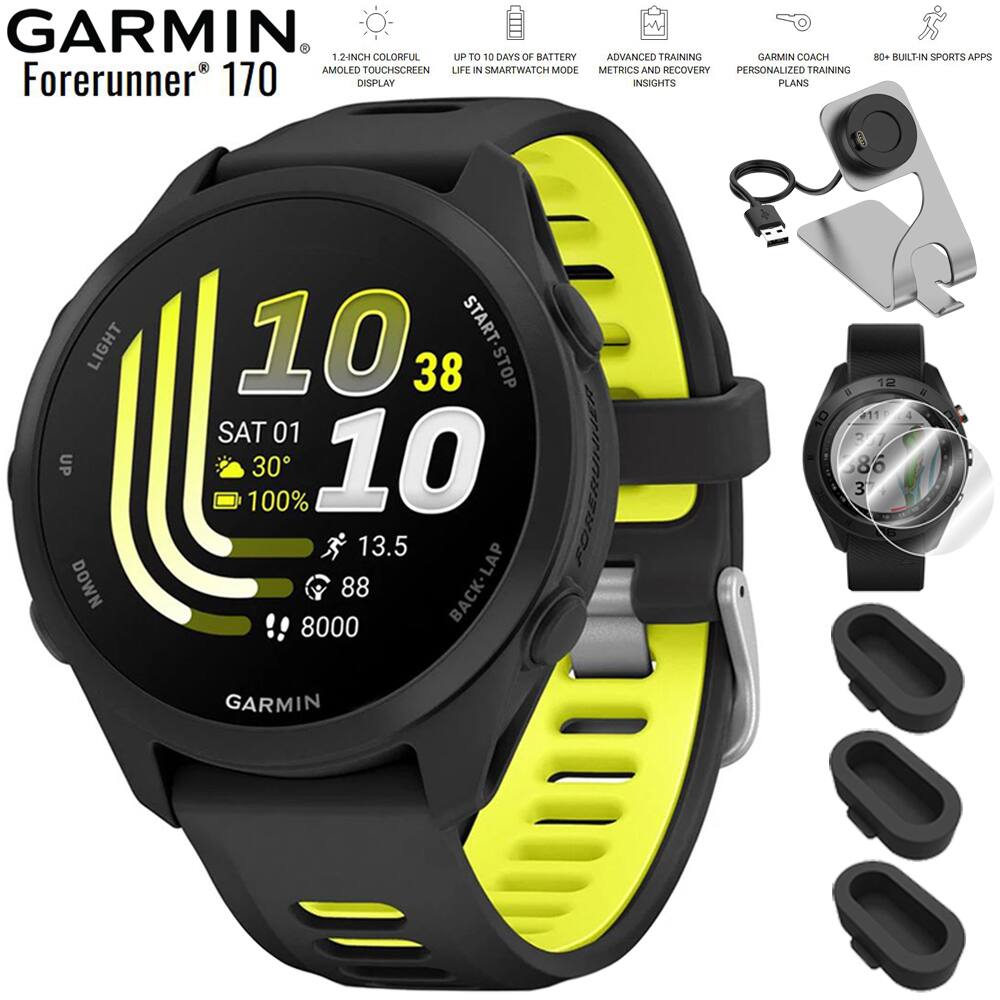 GARMIN Forerunner 170

1.2-inch colorful AMOLED touchscreen display

Up to 10 days of battery life in smartwatch mode

Advanced training metrics and recovery insights

Garmin Coach personalized training plans

80+ built-in sports apps

Light up down

Start-stop

10 38

SAT 01

30

100%

13.5

88

8000

Back-lap