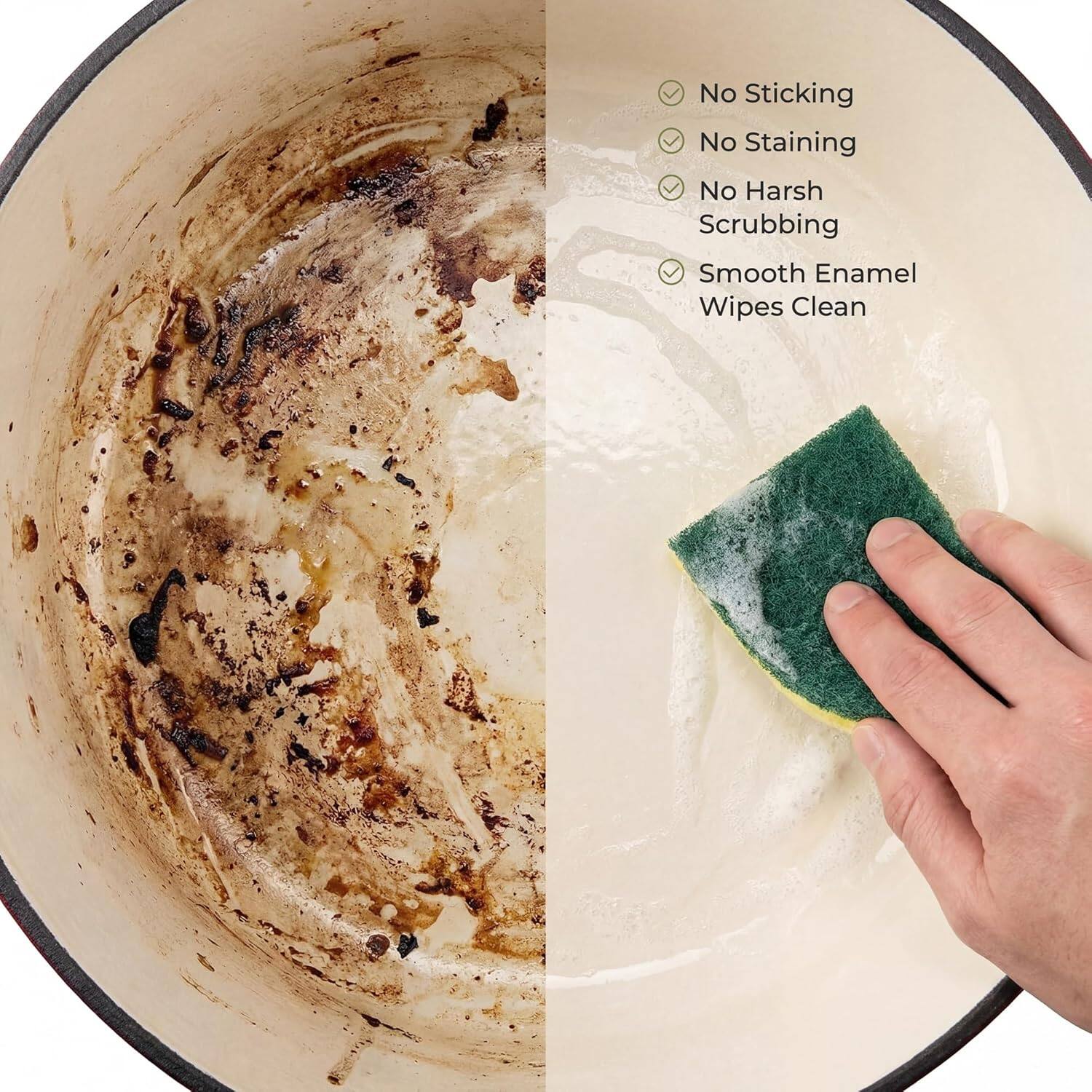 No Sticking  
No Staining  
No Harsh Scrubbing  
Smooth Enamel Wipes Clean