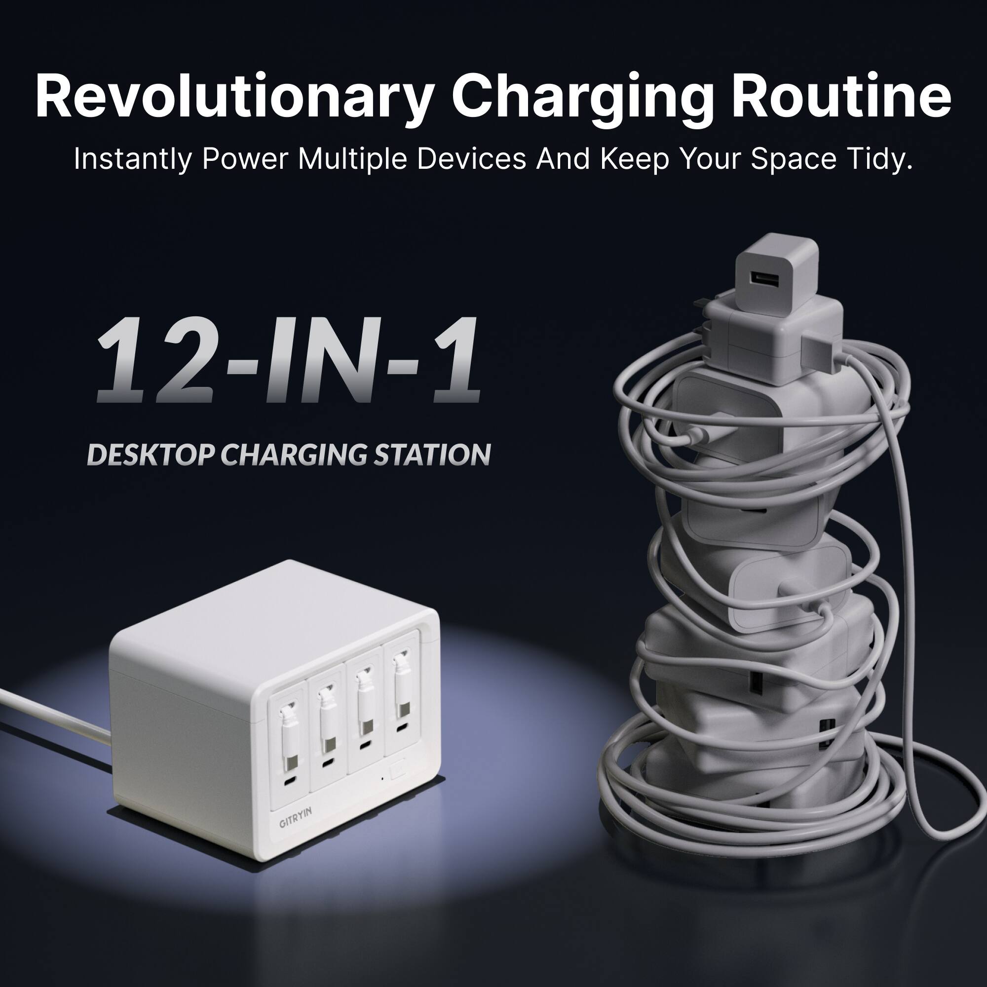 Revolutionary Charging Routine Instantly Power Multiple Devices And Keep Your Space Tidy. 12-IN-1 DESKTOP CHARGING STATION