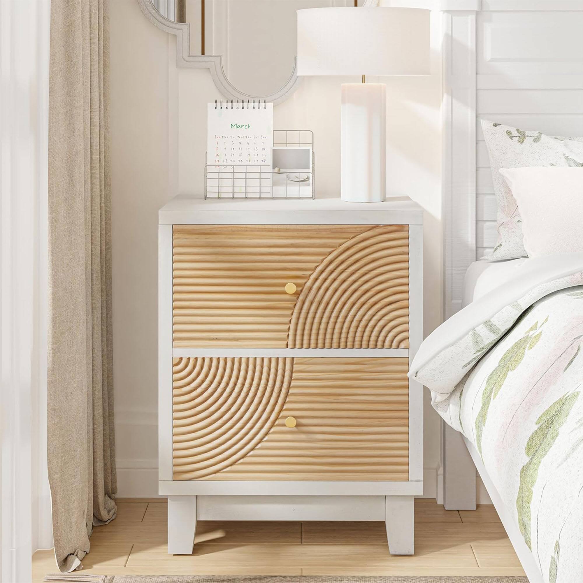 Alt View 8. COZAYH - COZAYH 2-Drawer Farmhouse Bedroom Nightstand w/ Rustic Wood Ring Pattern, White - White.