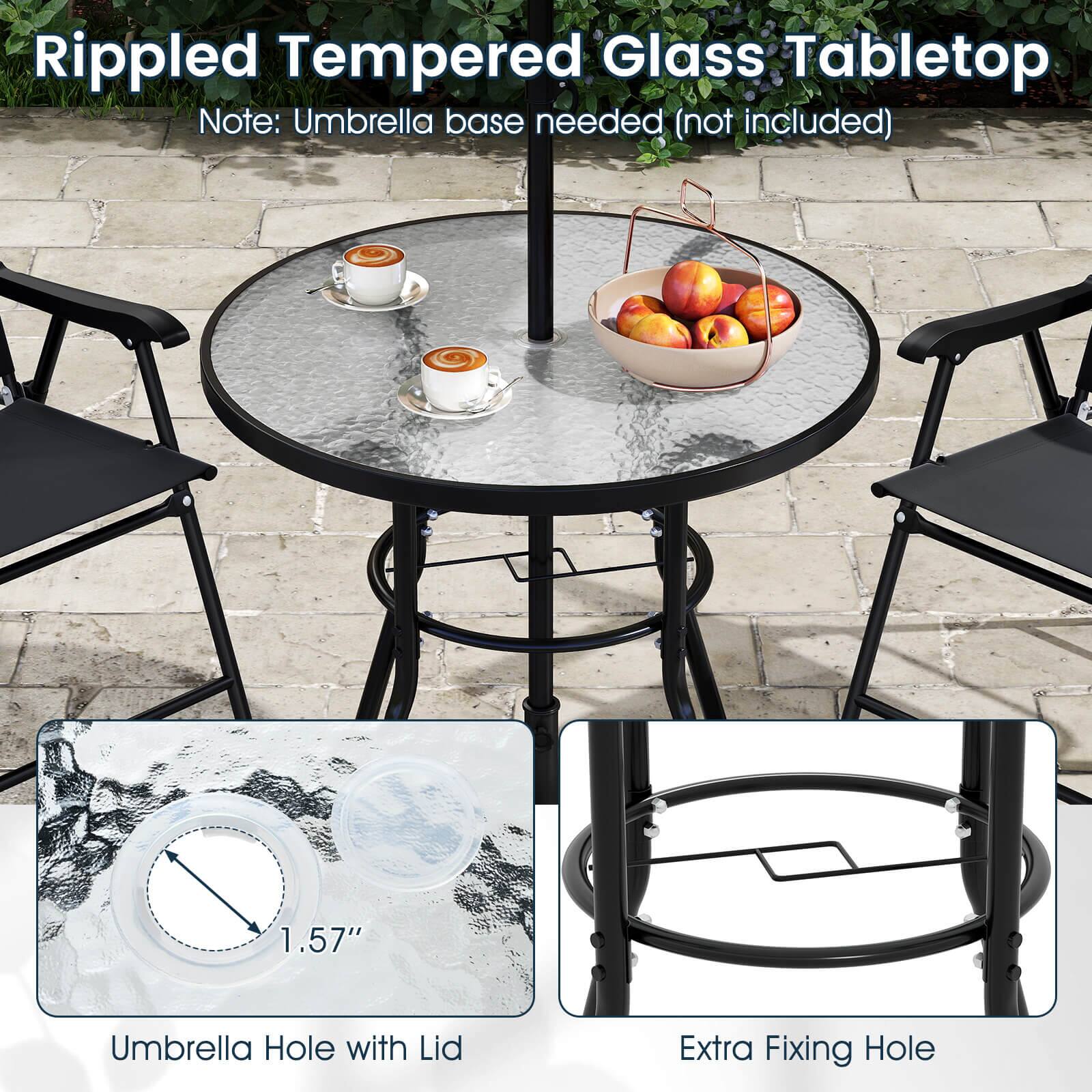 Rippled Tempered Glass Tabletop  
Note: Umbrella base needed (not included)  

1.57" Umbrella Hole with Lid  
Extra Fixing Hole