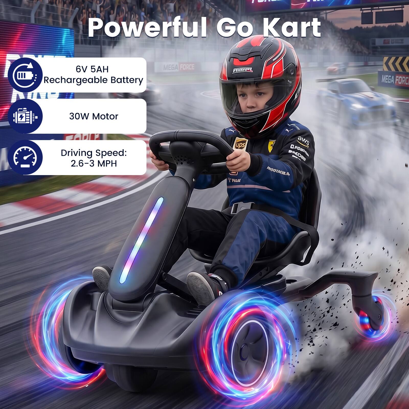 Powerful Go Kart  
6V 5AH Rechargeable Battery  
MEGA FORCE  
30W Motor  
Driving Speed: 2.6-3 MPH  
ups NORE  
aws PROOTANILA