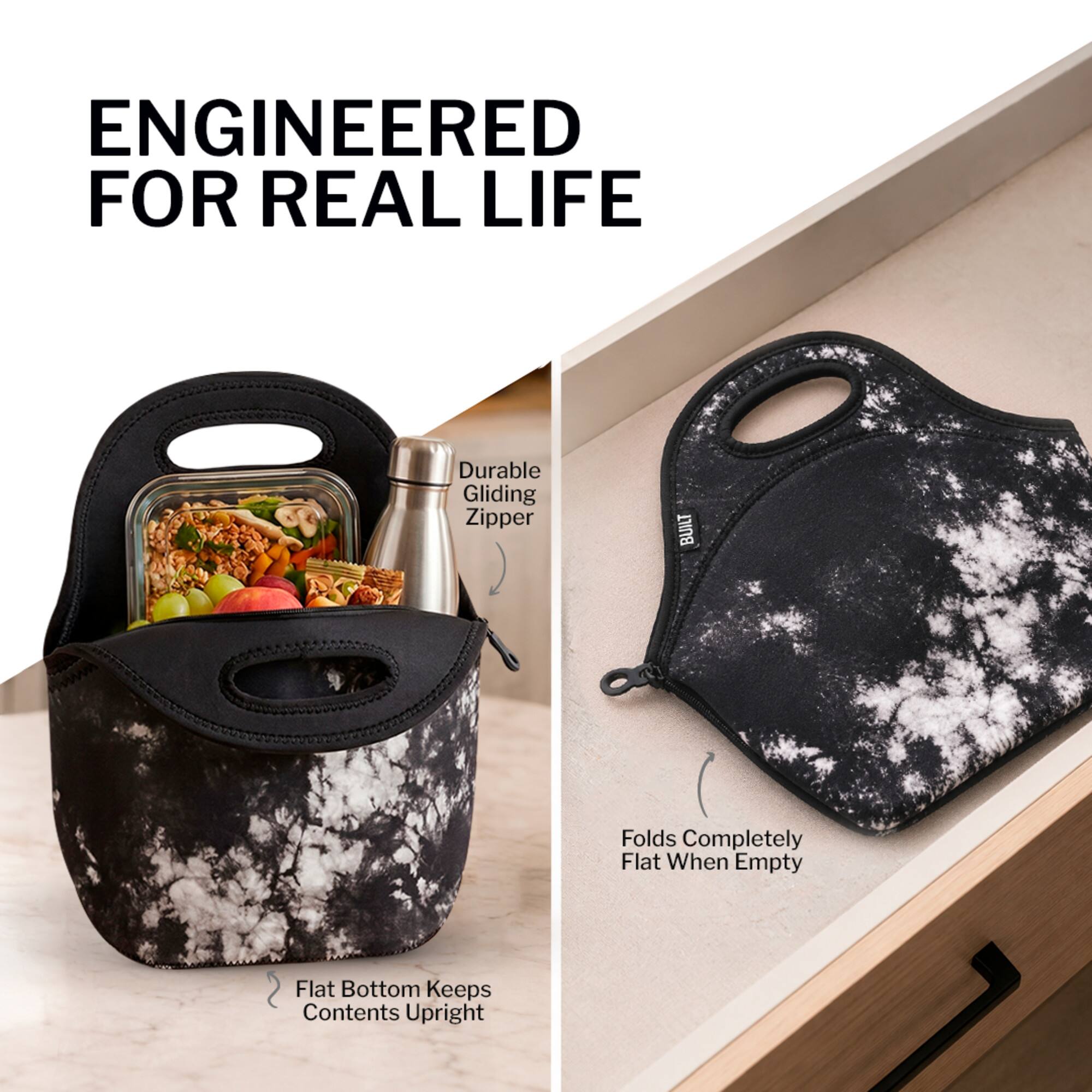 ENGINEERED FOR REAL LIFE

- Durable Gliding Zipper
- Flat Bottom Keeps Contents Upright
- Folds Completely Flat When Empty