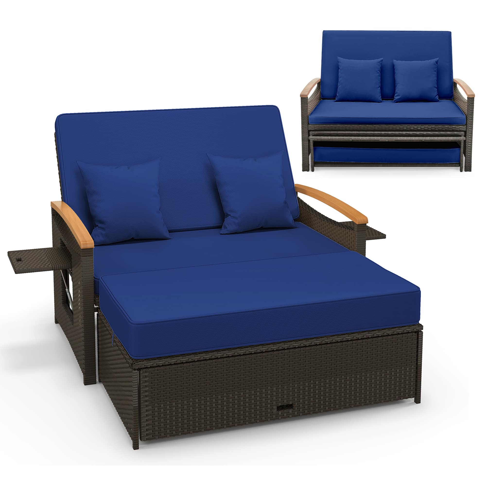 Gymax - Outdoor Wicker Daybed Patio Loveseat & Storage Ottoman Set w/ Cushions - Navy price history on PriceWatchPro