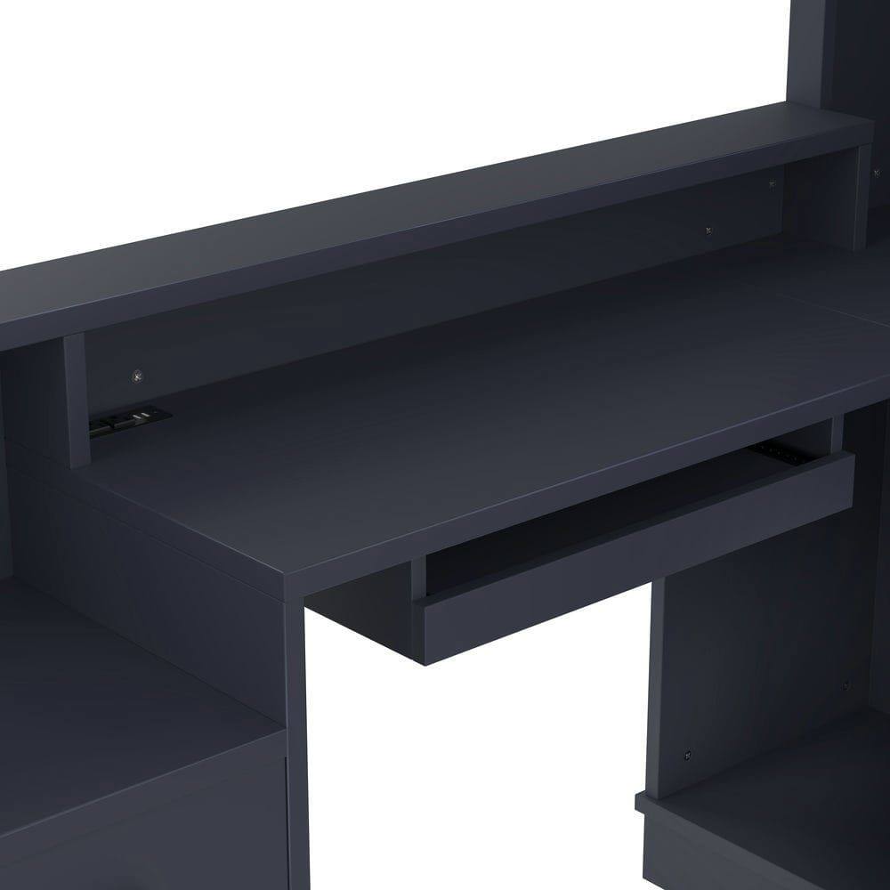 Alt View 2. Kadyn - L-Shaped Computer Corner Desk with Outlet, Drawers & Bookshelf, Gaming Study Writing Desk, Blue - Blue.