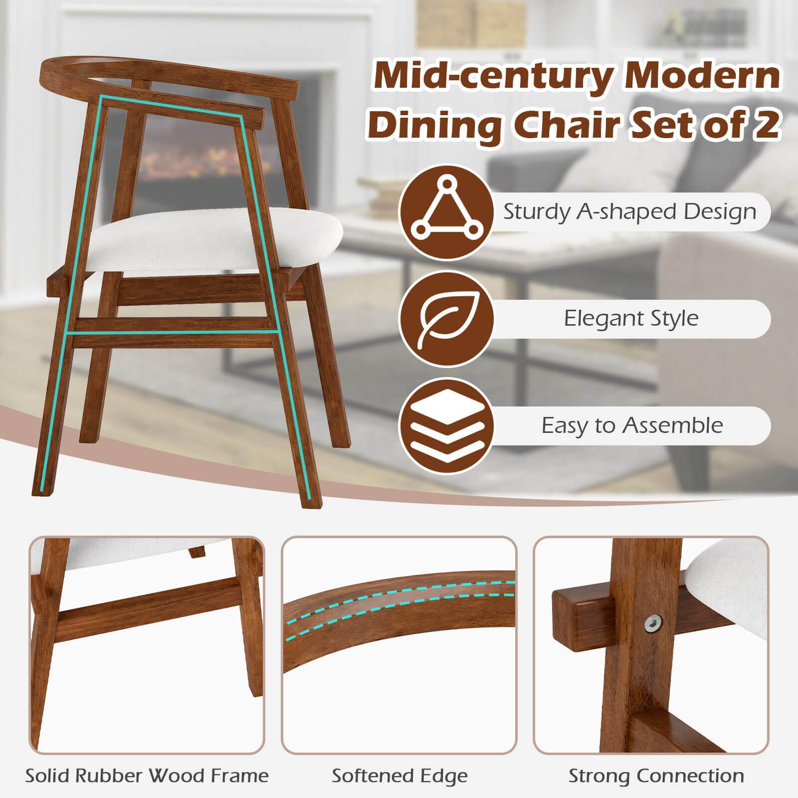 The text on the image is grouped and corrected as follows:

"Mid-century Modern Dining Chair Set of 2: Sturdy A-shaped Design, Elegant Style, Easy to Assemble, Solid Rubber Wood Frame, Softened Edge, Strong Connection."