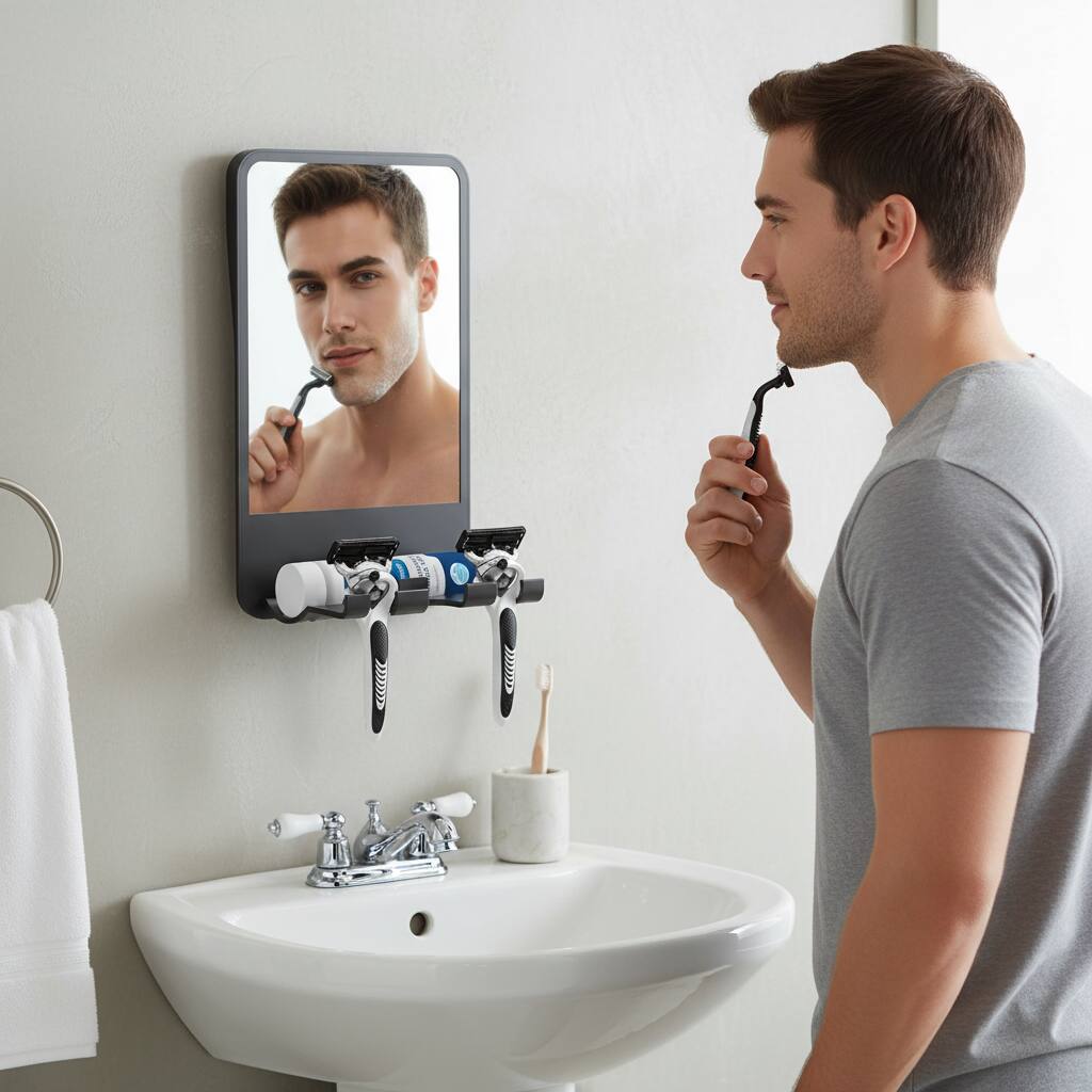 Alt View 1. Dazzed Corner - Fogless Shower Shaving Mirror with Storage, Adjustable Angle - Black.
