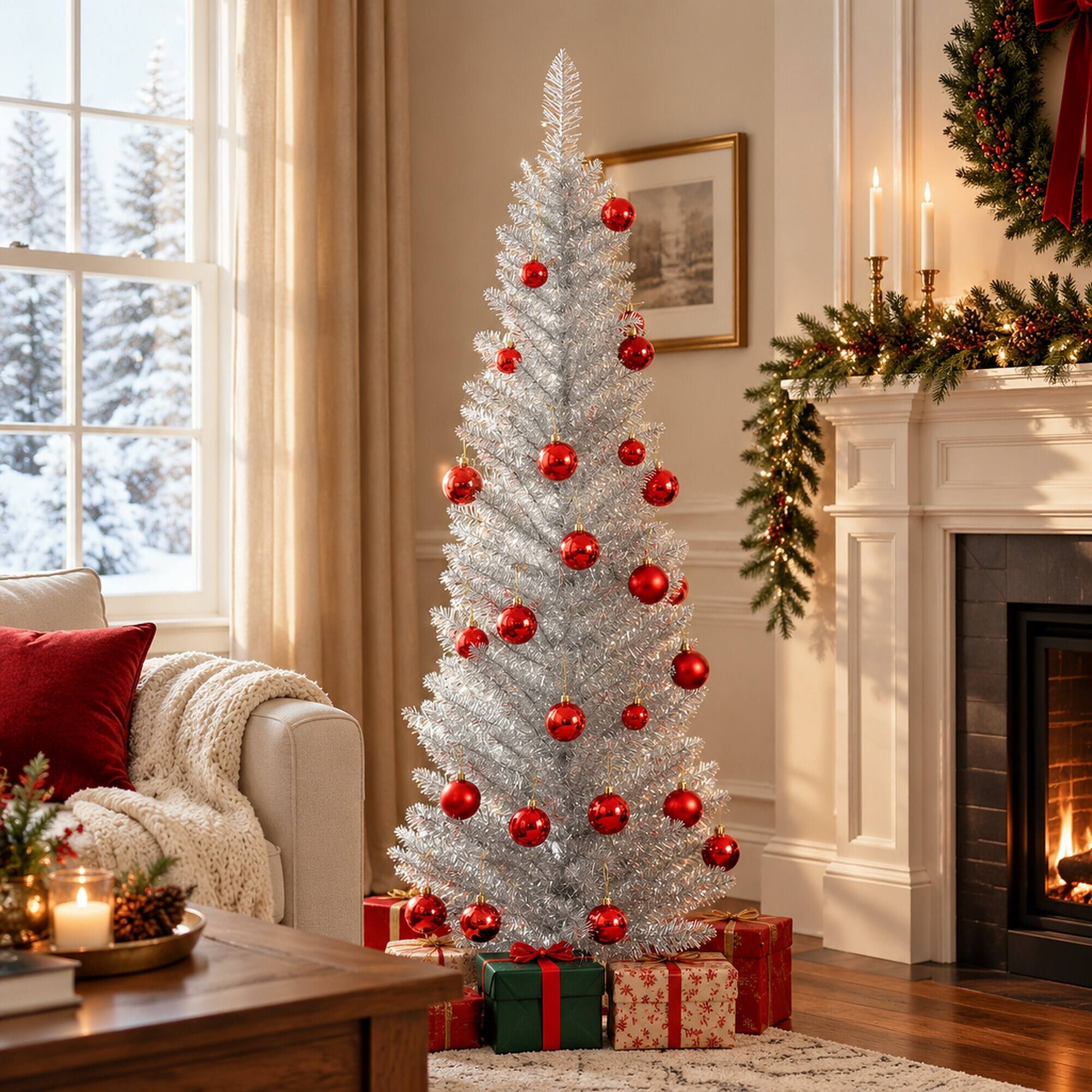 Left. RYHNUYNE - 5 Ft Slim Pencil Silver Artificial Christmas Tree With 294 Realistic Tips, Plastic Base Easy Setup Holiday Decor - Silver.