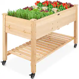 Best Choice Products - Raised Garden Bed 48x24x32in Mobile Elevated Planter w/ Wheel Locks, Shelf, Liner - Natural