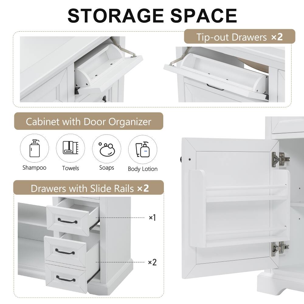 STORAGE SPACE  
Tip-out Drawers x2  
Cabinet with Door Organizer  
Shampoo  
Towels  
Soaps  
Body Lotion  
Drawers with Slide Rails x2  
x1  
x2
