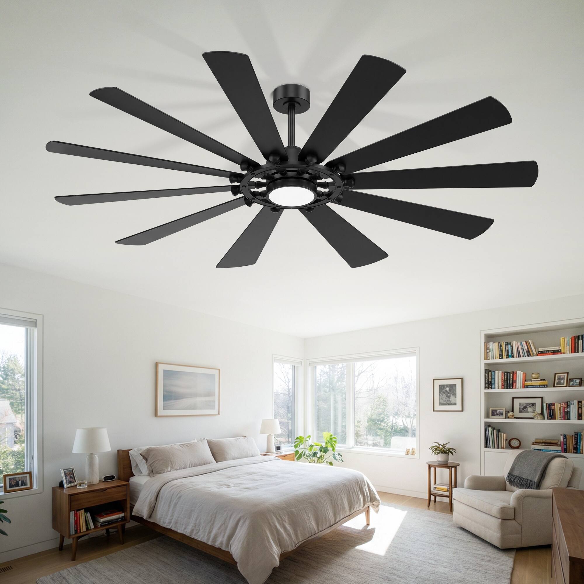 Alt View 10. Breezary - 52-Inch Modern Ceiling Fan with 10 Plywood Blades, DC Motor, 6-Speed Remote, Tri-Color LED Light, Dual Downrod Mount - Matte Black.